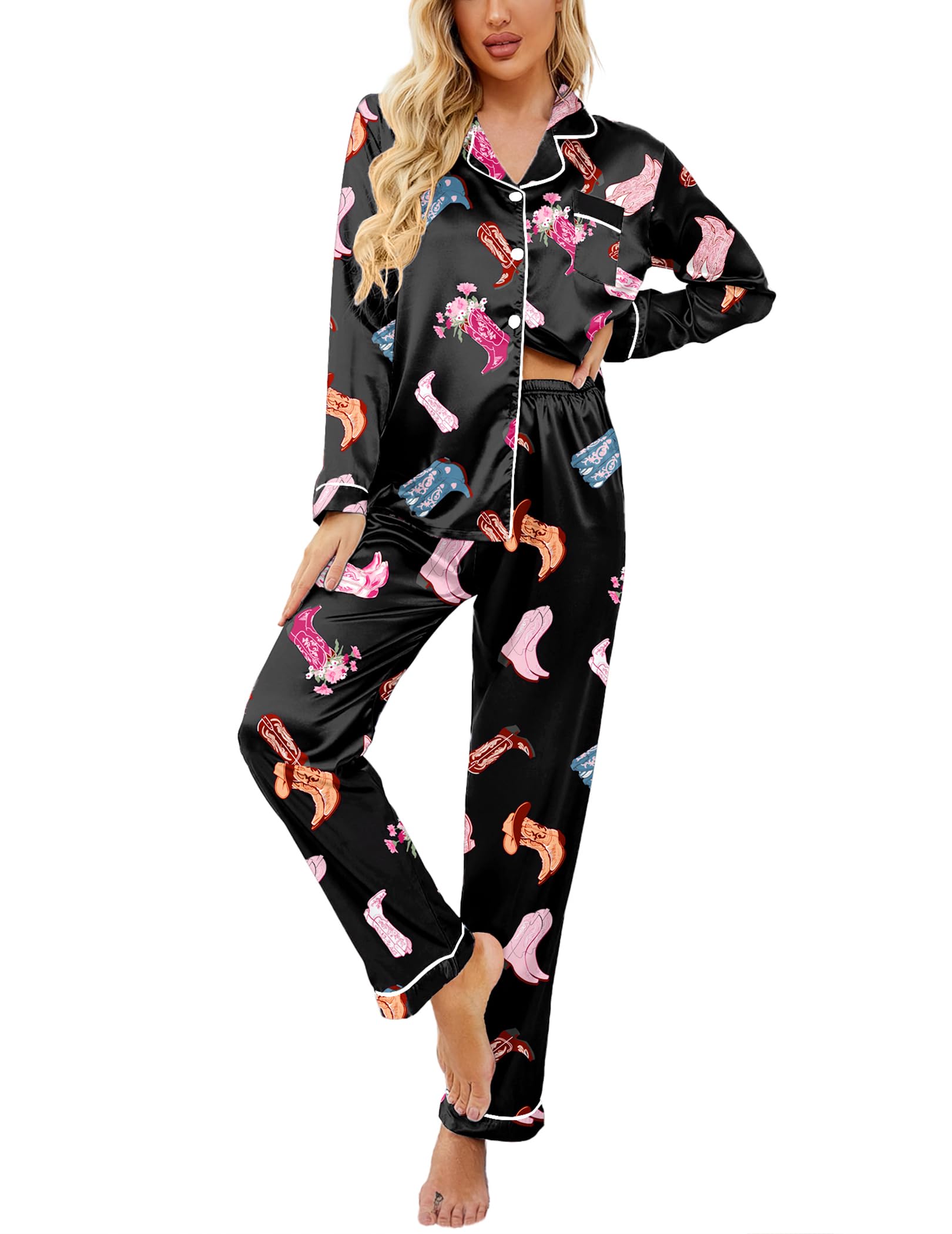 Ekouaer Womens Satin Silky Pajama Set Classic Pattern Button Down Pjs Set | Soft Fabric, Long Sleeve Notch Collar with Contrast Piping, Chest Pocket, Gifting Sleepwear WEBE CLOTHING