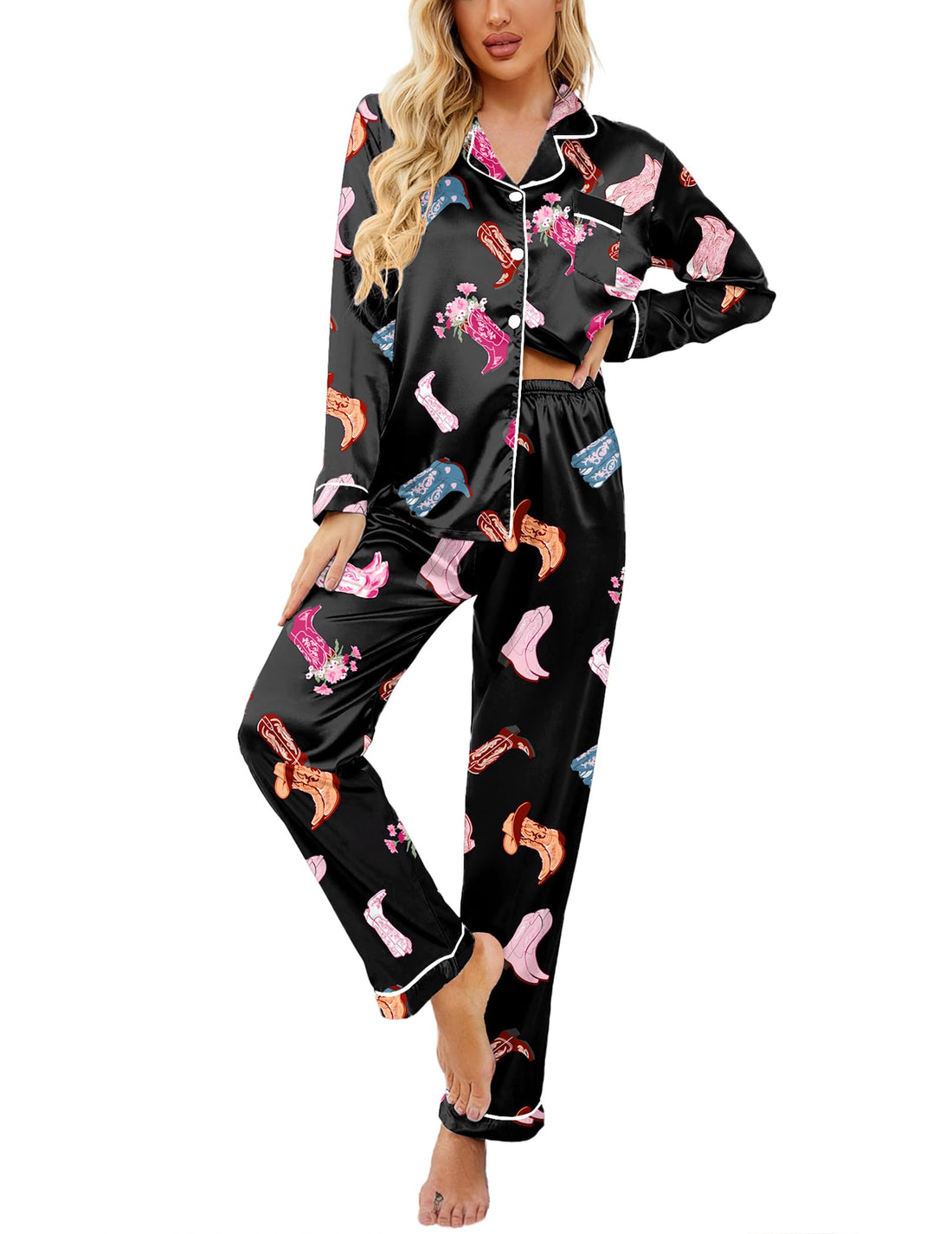 Ekouaer Womens Satin Silky Pajama Set Classic Pattern Button Down Pjs Set | Soft Fabric, Long Sleeve Notch Collar with Contrast Piping, Chest Pocket, Gifting Sleepwear WEBE CLOTHING