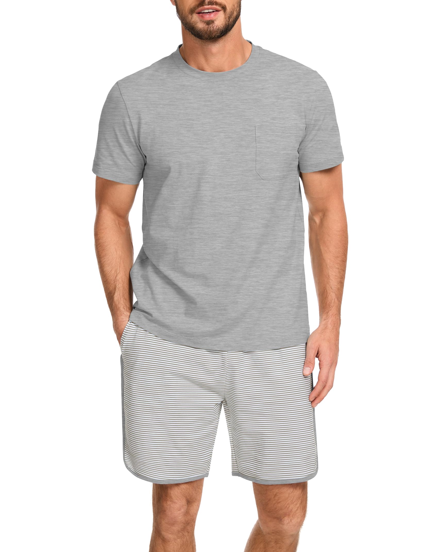 Mens Cotton Pajamas Set Stripe 2 Piece Lounge Set Pjs Summer Short Sleeve and Shorts Comfy Loungewear with Pockets WEBE CLOTHING