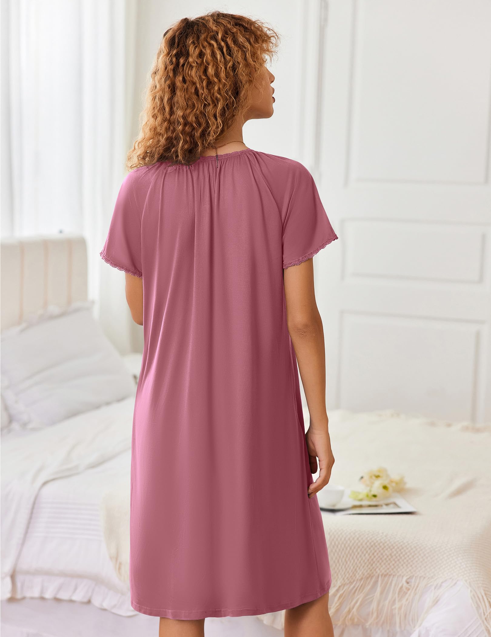Ekouaer Zipper Robes for Women Short Sleeves Knit Bathrobes Knee Length Soft Lace Trim Loungewear with Pockets S-3XL WEBE CLOTHING