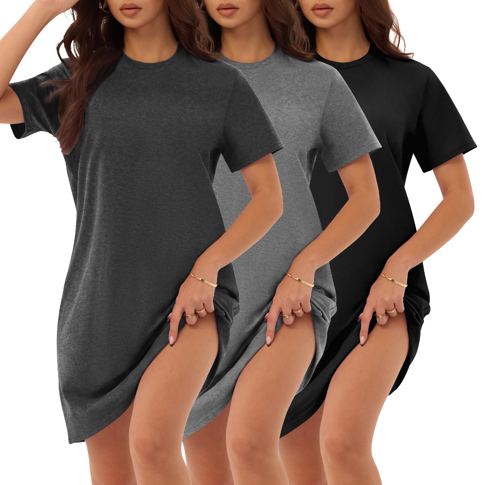 3 Pack Cotton Nightgowns for Women Short Sleeve Sleep Shirts Comfy Soft Nightshirt Pajama Sleep Dress