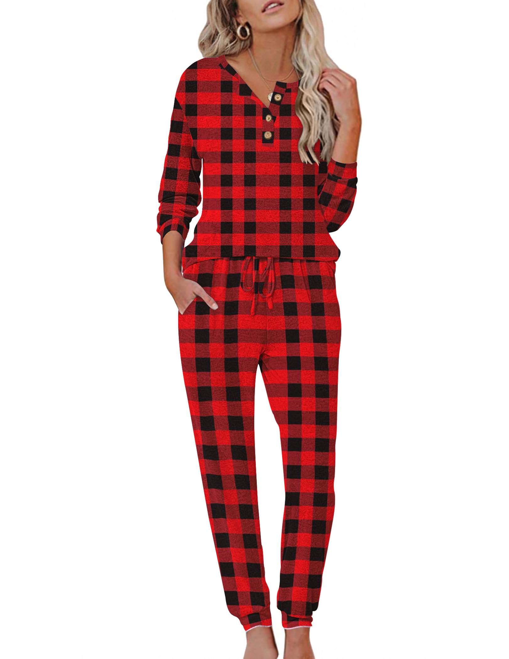Ekouaer Womens Pajama Sets Long Sleeve Lounge Set 2 Piece Pj Sets for Women Henley Neck Casual Sleepwear Loungewear S-XXL