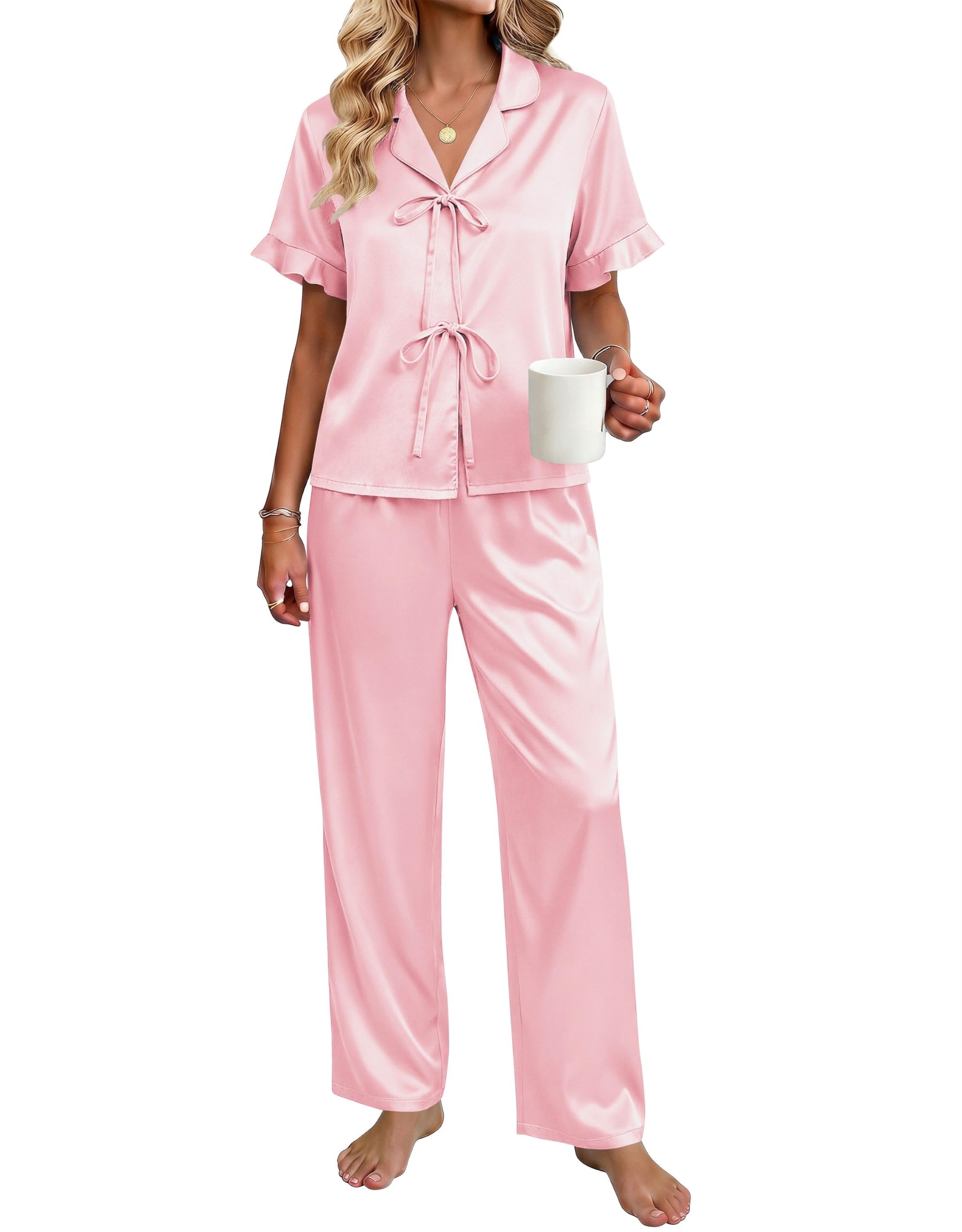 Ekouaer Womens Satin Pajama Sets Silky Tie Front Ruffle Pjs Sets Sleepwear | Soft lightweight satin fabric; tie-front top with ruffle cuffs, ideal for loungewear, bridal party and vacation wear WEBE CLOTHING