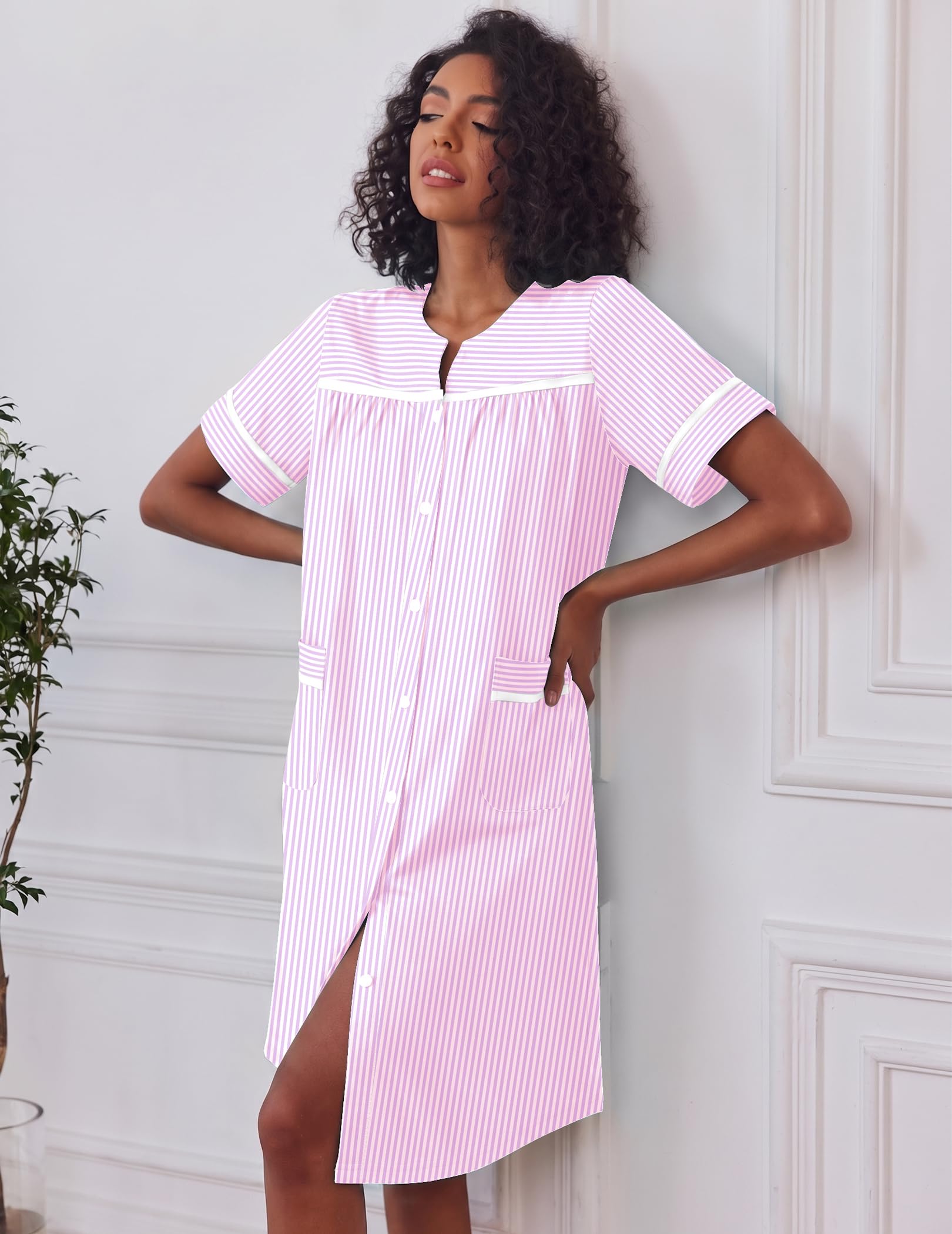Ekouaer House Dress for Women with Pockets Duster Button Down Nightgown | Nightgowns for Women, Button Dwon House Dress with Pockets, Short Sleeve Duster Housecoat, Moo Moos for Elderly, Mumu Dress WEBE CLOTHING