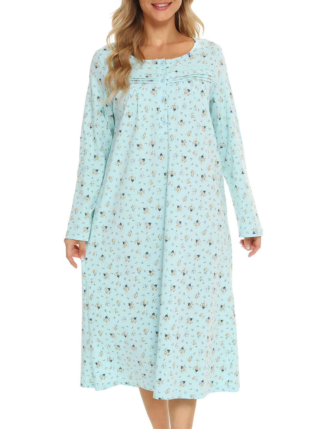 Bloggerlove Nightgowns for Women 100% Cotton Soft House Dress | 100 Full Cotton, Button Neck, Knee Length, Lace Trim Floral, Breathable, Skin-frieend, Loose Fit, Comfy Sleepwear WEBE CLOTHING