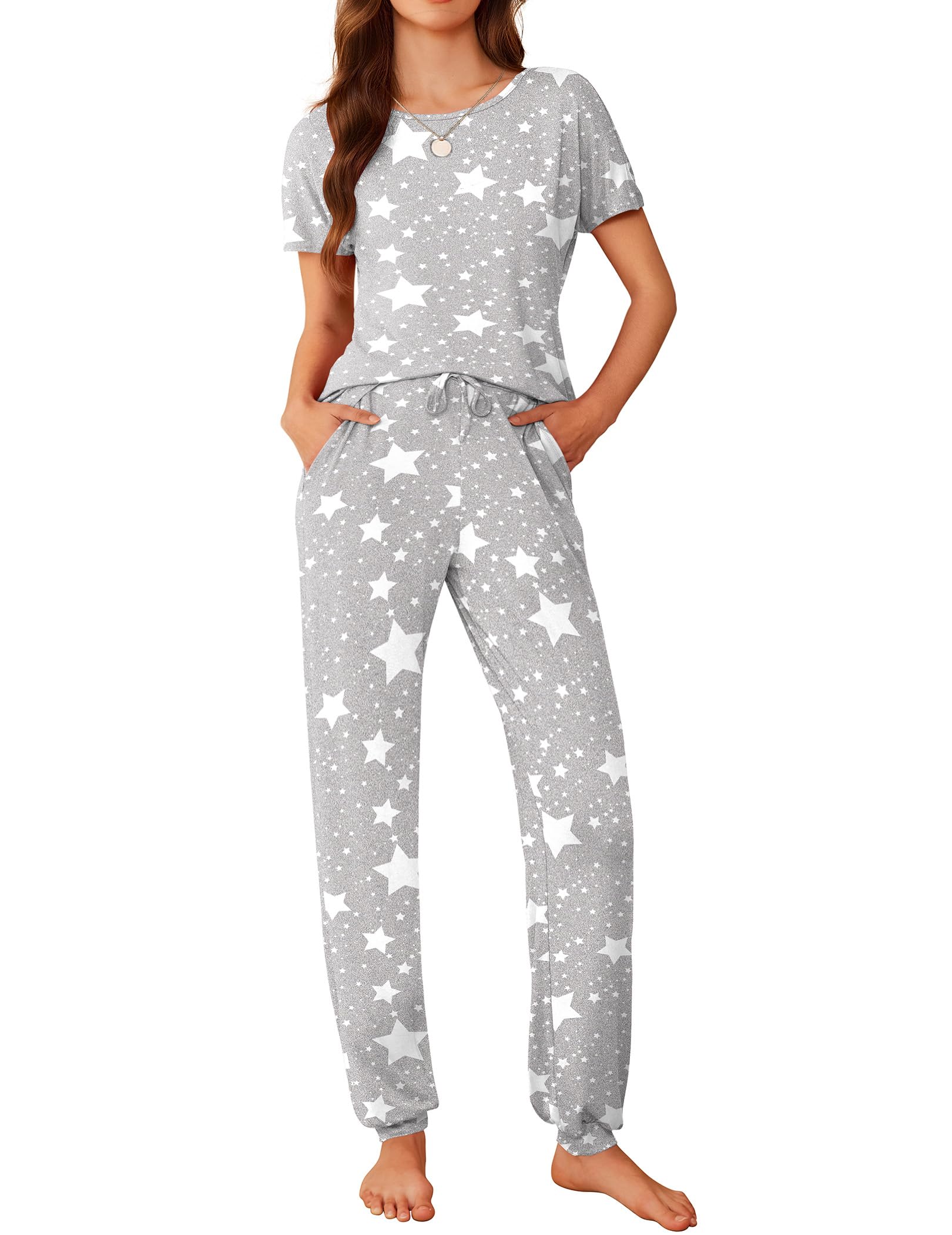 Ekouaer Womens Pajama Sets Short Sleeve Lounge Sets for Women Printed Jogger Pajama Set 2 Piece Pj Sets With Pockets S-XXL WEBE CLOTHING