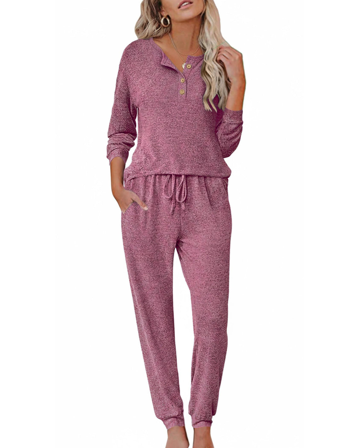 Ekouaer Womens Pajama Sets Long Sleeve Lounge Set 2 Piece Pj Sets for Women Henley Neck Casual Sleepwear Loungewear S-XXL
