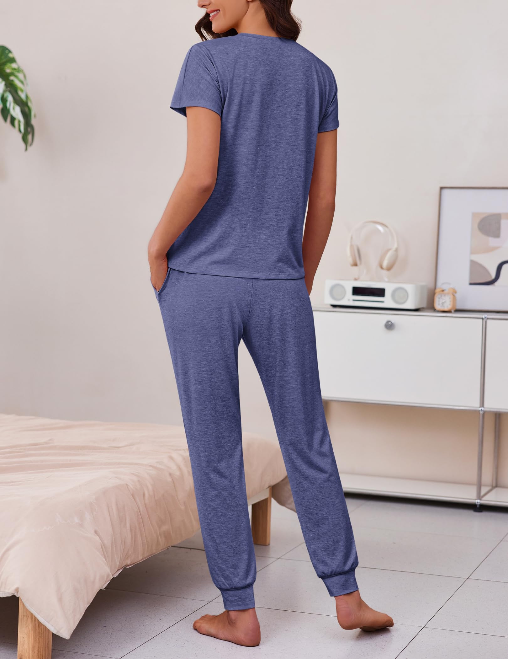 Ekouaer 2 pack Pajama Sets for Womens Jogger Pants Pjs Short Sleeves Lounge Set Soft Sleepwear with Pockets