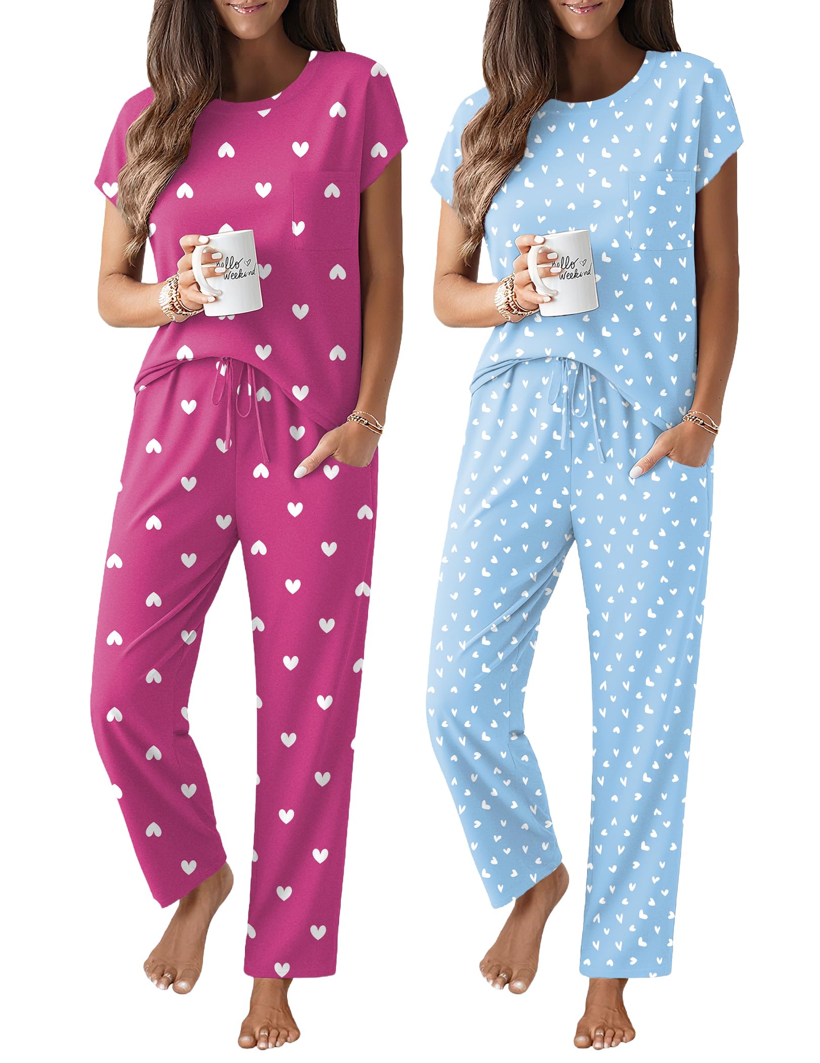 Ekouaer 2 Packs Pajamas for Women Set Cap Sleeve Top and Pants Soft Sleepwear Comfy Pjs Set with Pockets Loungewear