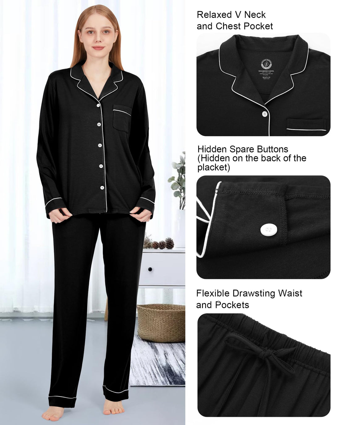 BAMBOO COOL Pajamas Set for Women Comfy Lounge Set Button Down Sleepwear Long Sleeve Pj Set