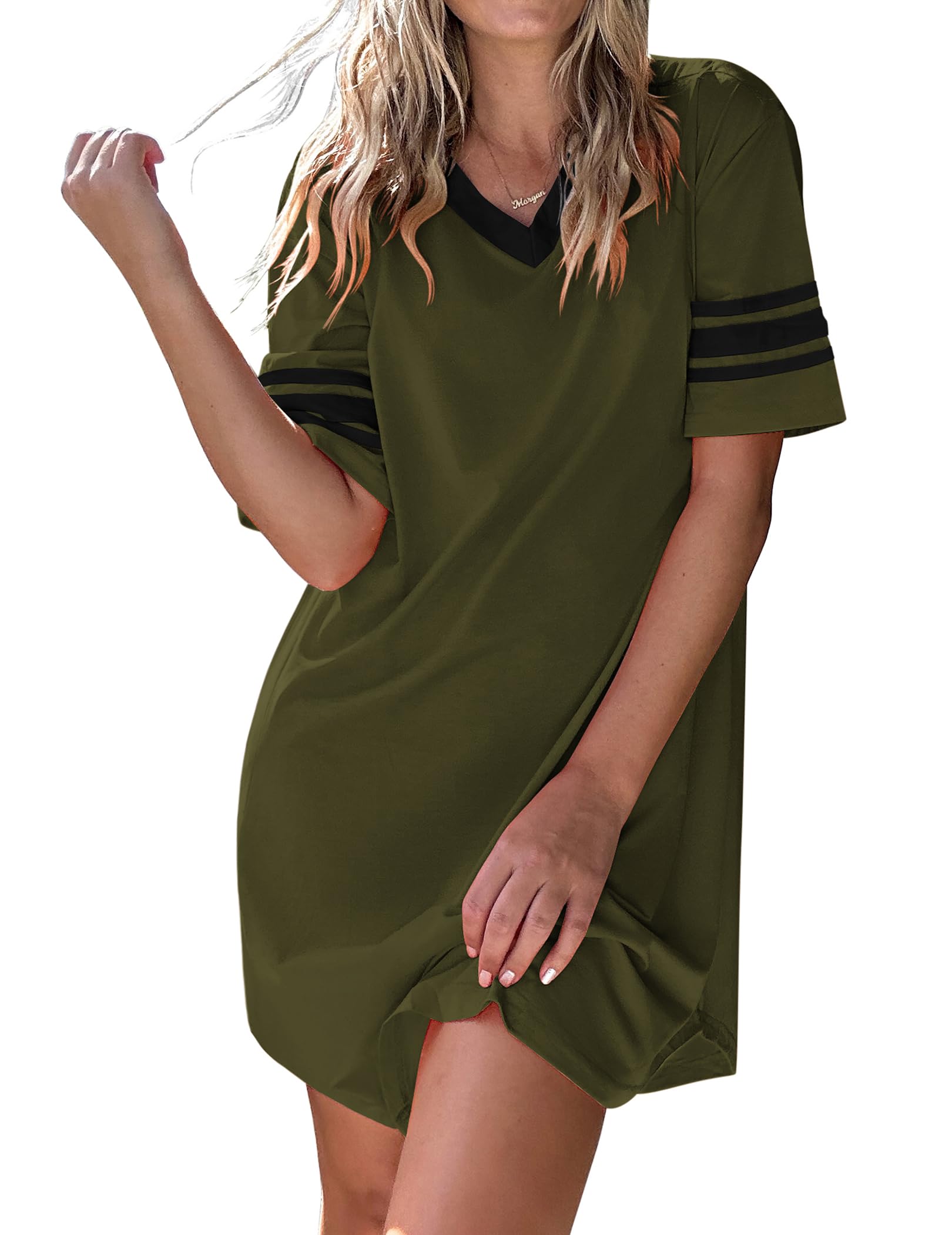 Ekouaer Nightgowns for Women Cotton Night Gown Short Sleeve Sleepwear V Neck Color Block Sleep Shirts Ladies Night Shirts