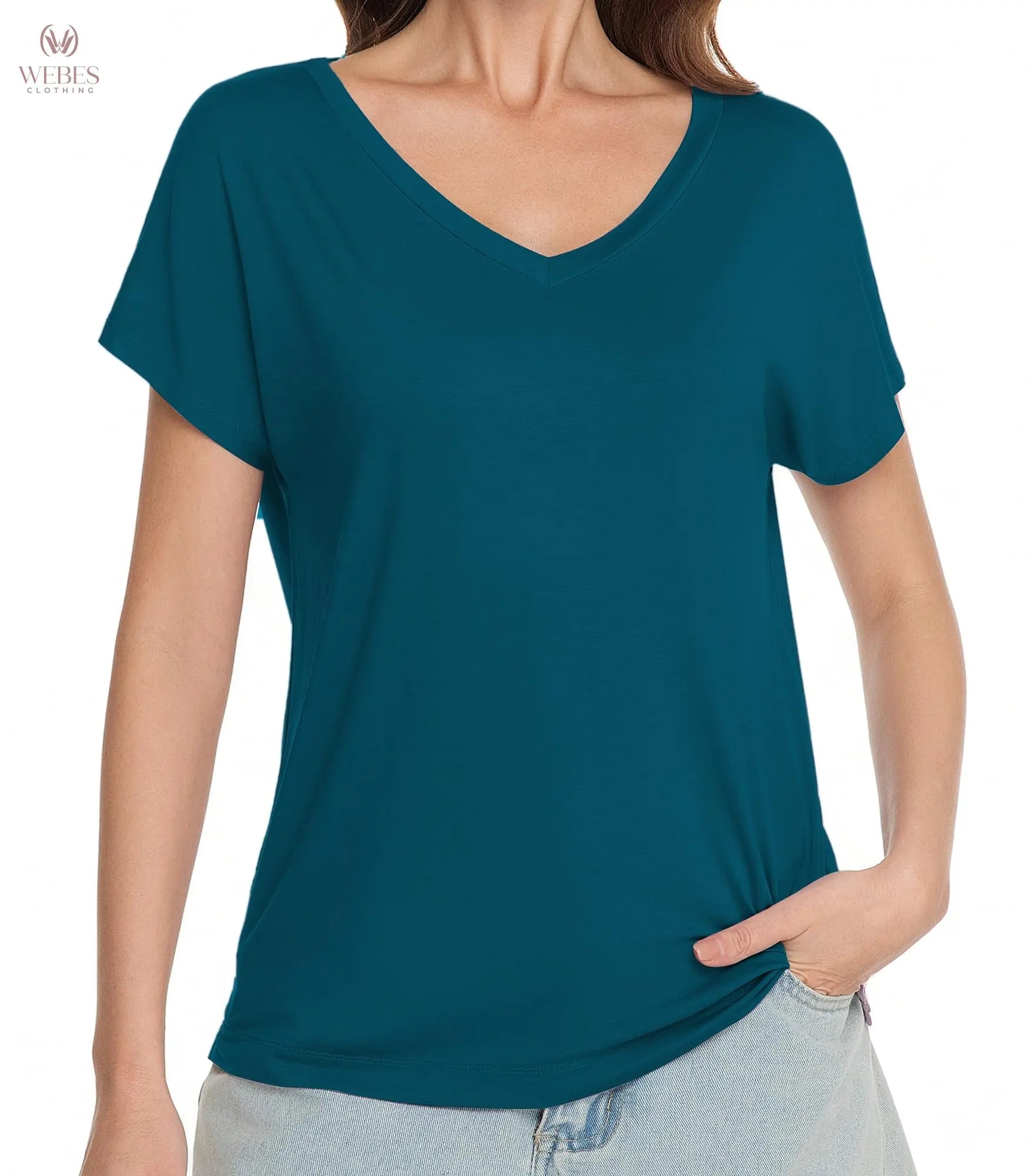 WiWi Bamboo Viscose Shirts for Women, Super Soft Short Sleeve Sleep Pajama Tops, Cooling Satin V Neck Summer Lounge Wear