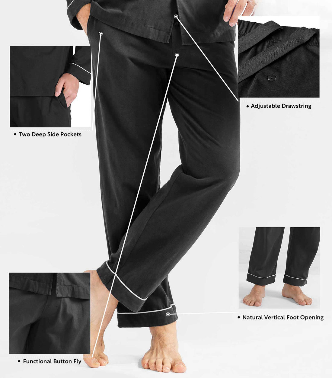 DAVID ARCHY Mens Pajamas Set Soft Cotton Notched Collar Pajamas for Men Long Sleeve Mens Sleepwear with Pockets & Front Fly WEBE CLOTHING
