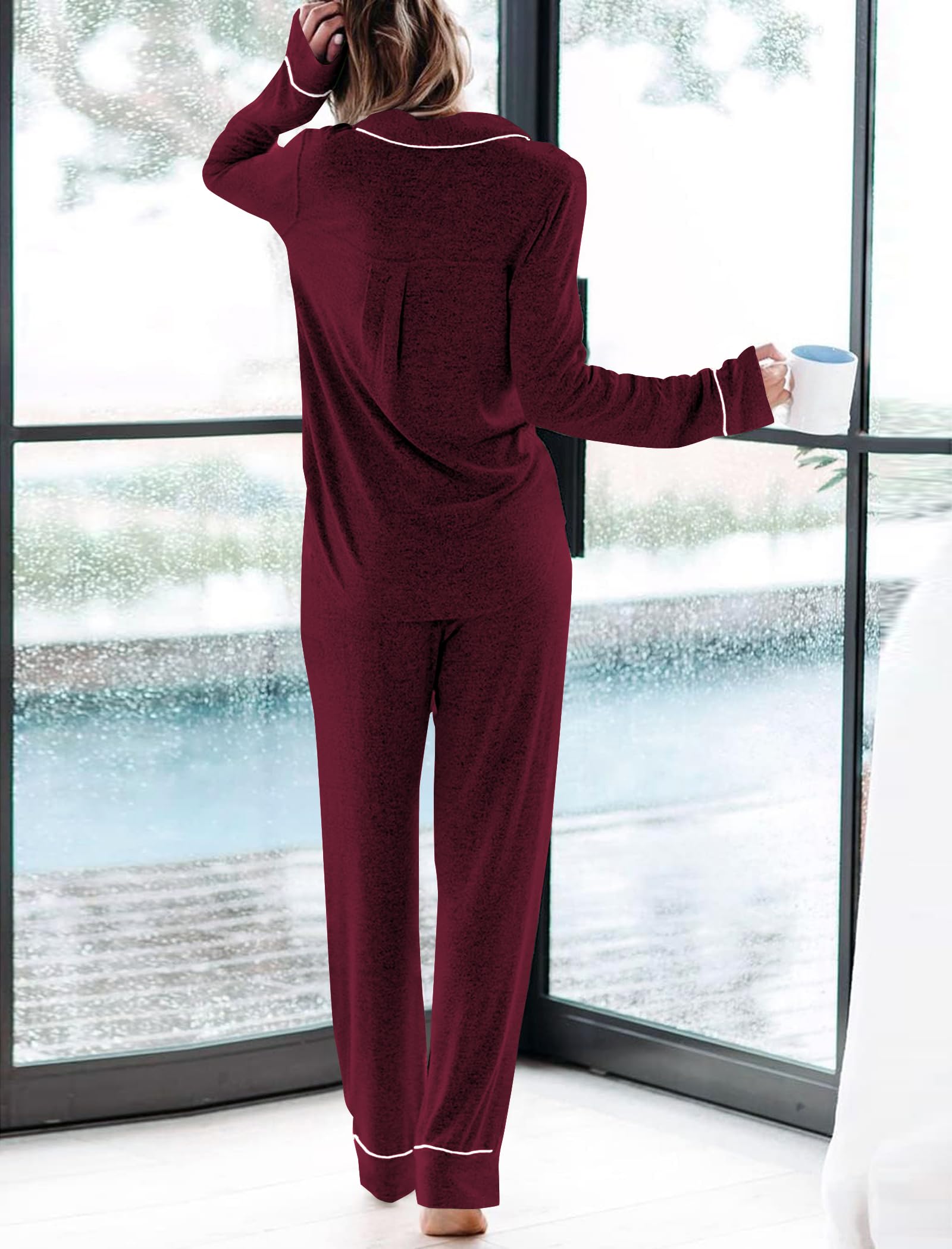 Womens Long Sleeve Pajamas Set Soft Sleepwear Button Down Shirt and Long Pants Pj Lounge Sets S-XXL with Pockets