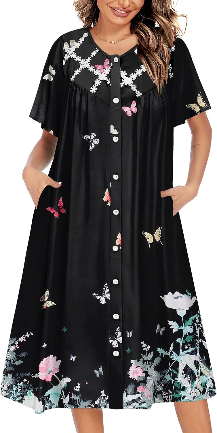 Ekouaer House Dress for Women Button Down Nightgown Short Sleeve Housecoat with pockets S-4XL