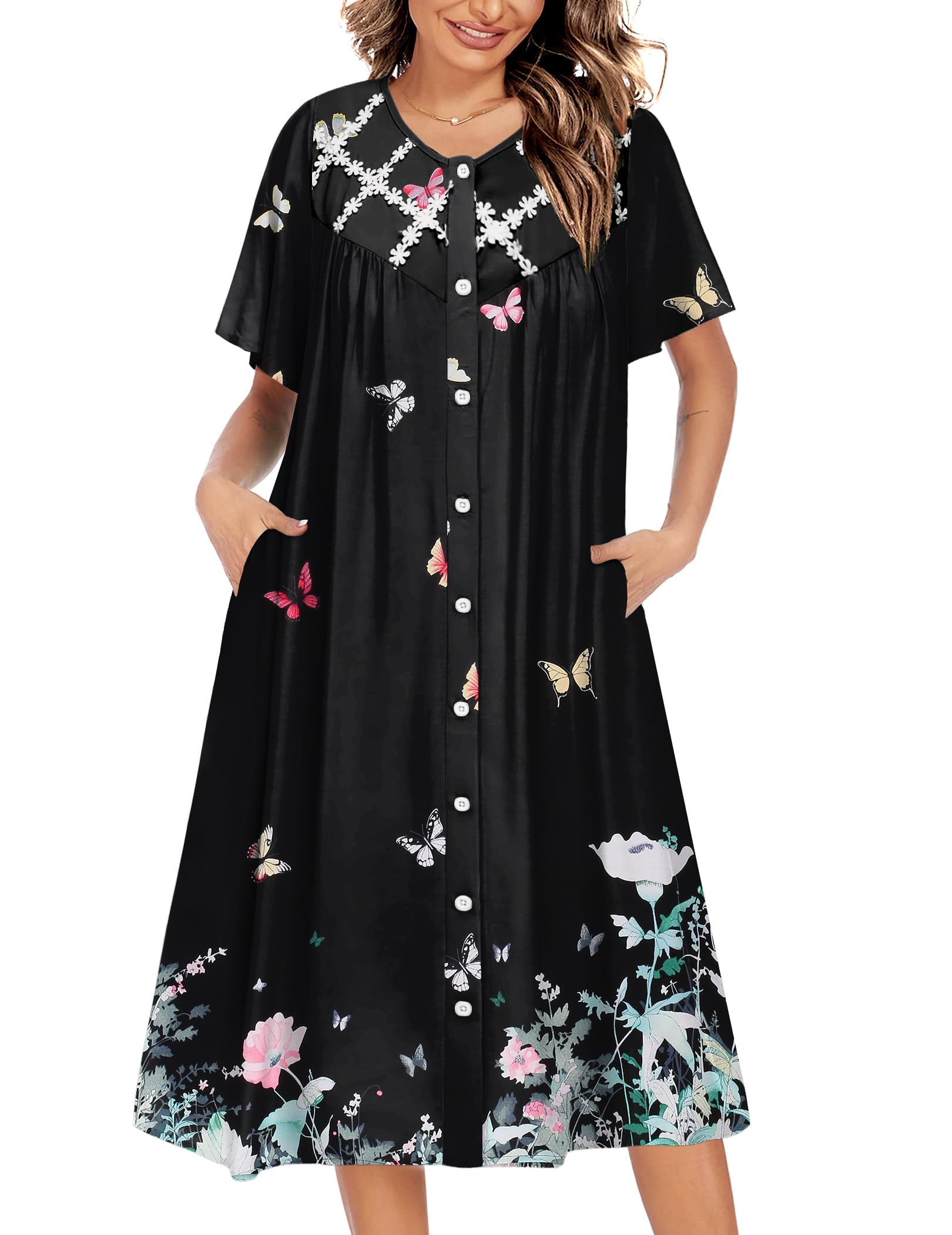 Ekouaer House Dress for Women Button Down Nightgown Short Sleeve Housecoat with pockets S-4XL WEBE CLOTHING