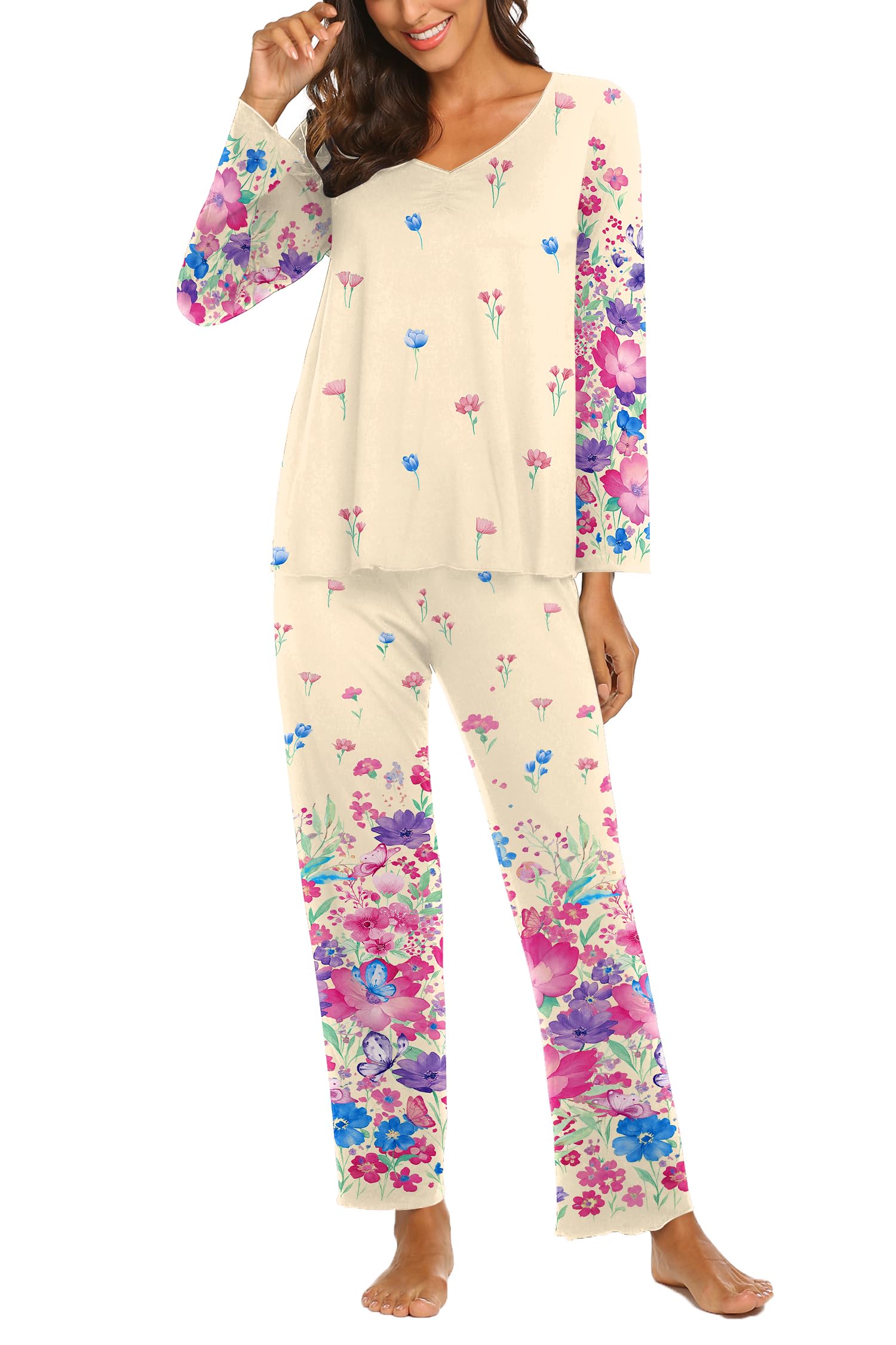 Ekouaer Womens Pajama Sets 2 Piece Lounge Set Fall Winter Pajamas Long Sleeve Pjs Top and Pants Soft Pj Sets Loose Sleepwear