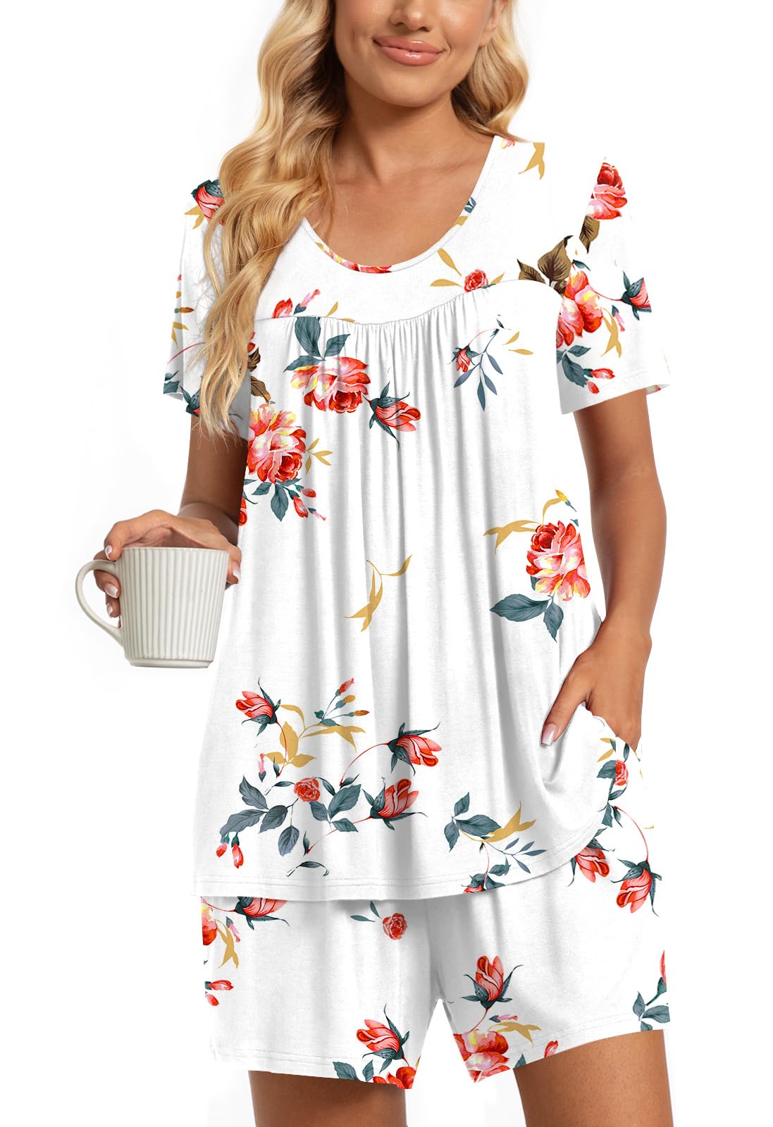 TAOHUADAO 2 Piece Women's Short Sleeve Pajama Sets, Lounge Sleepwear Ladies Pjs Sets with Pockets