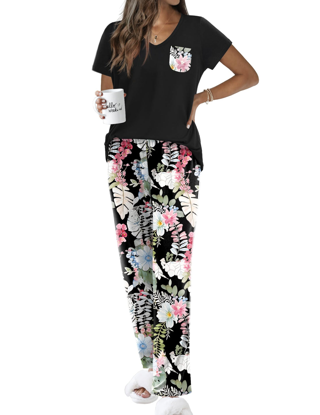 Ekouaer Pajama Sets for Women Short Sleeve Pj Set V Neck Sleepwear Chest Pocket with Long Pants Casual Loose Loungewear WEBE CLOTHING