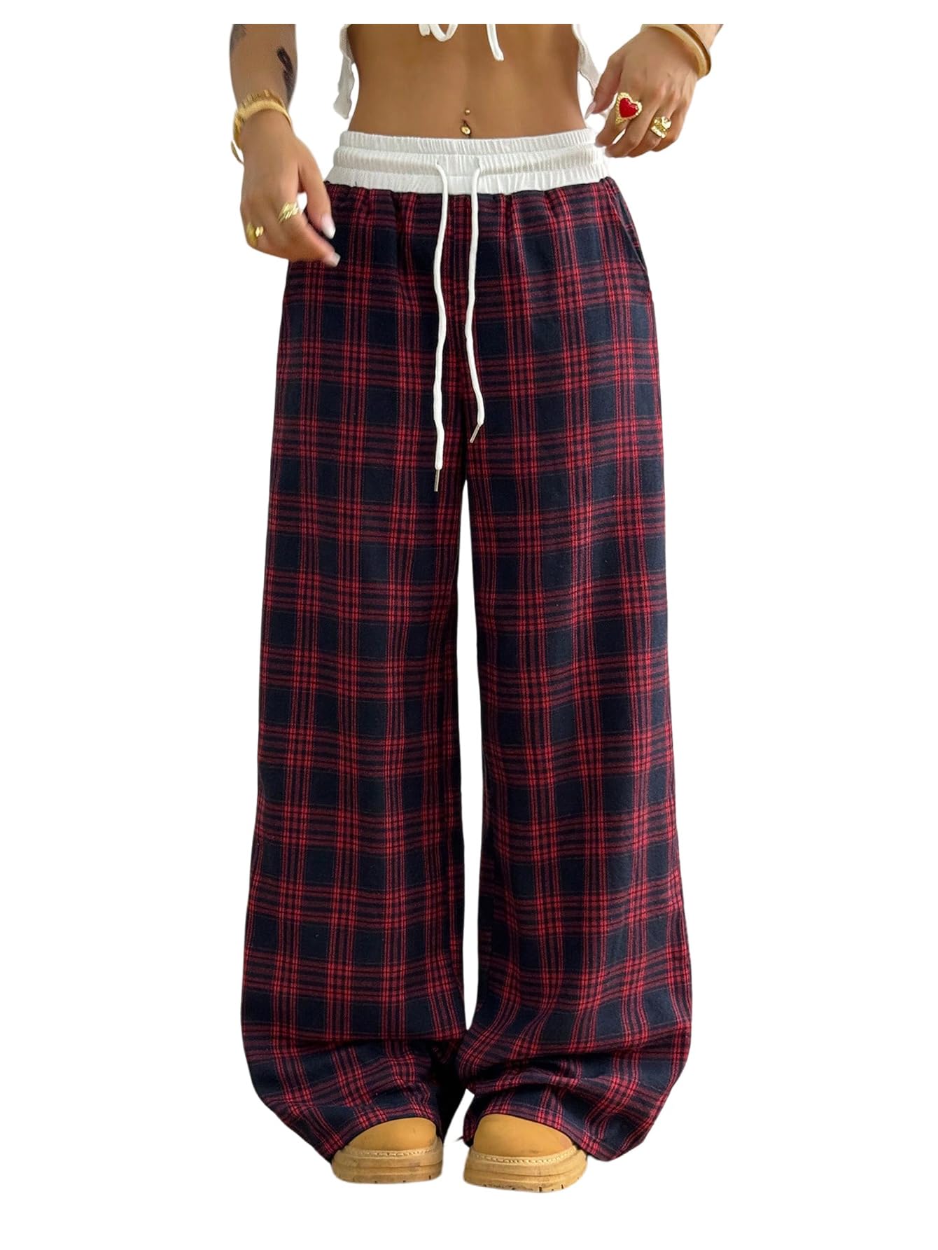 SOLY HUX Women's Plaid Checkered Pants Flannel Pajama Pants Lounge Wide Leg Baggy Sweatpants with Pockets
