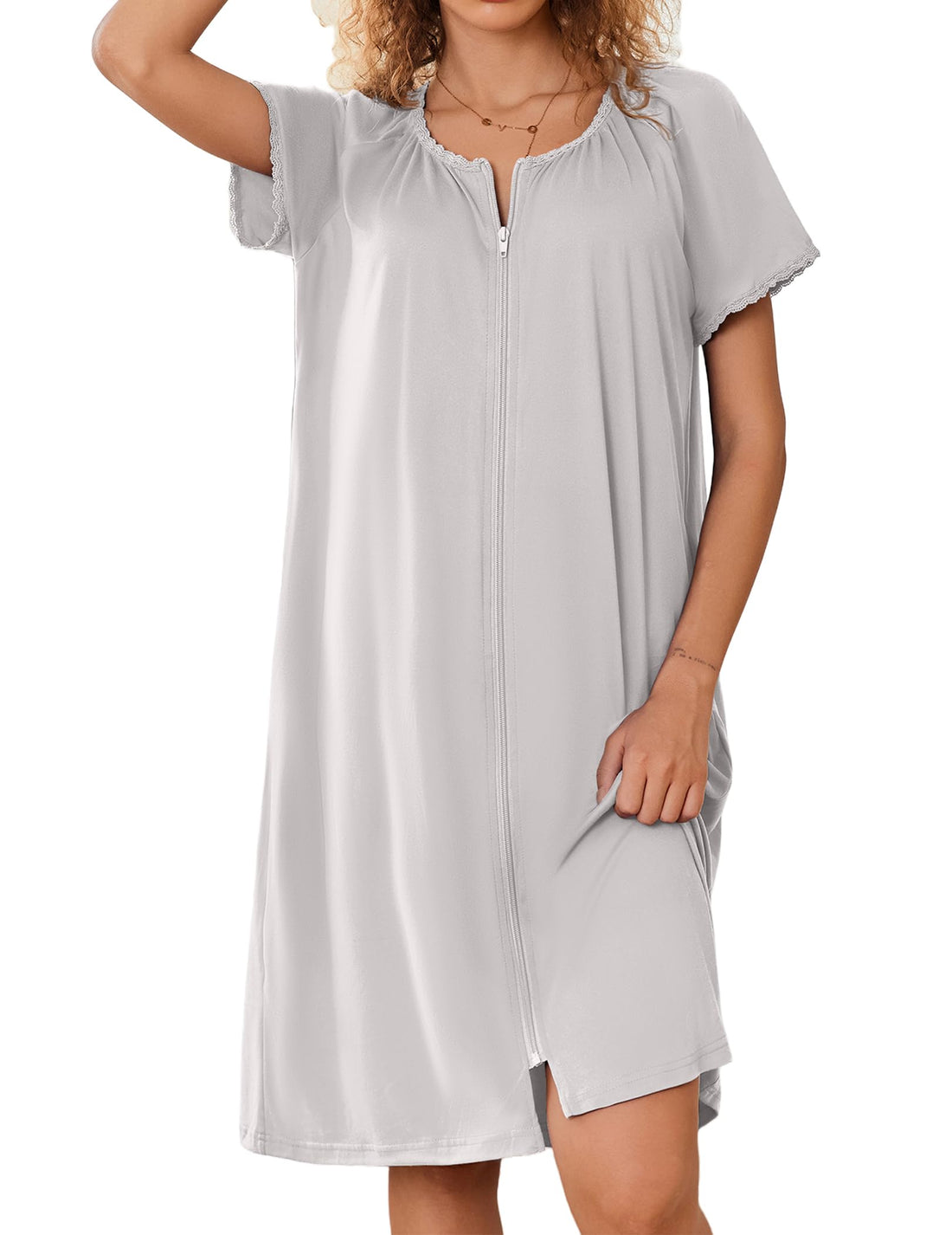 Ekouaer Zipper Robes for Women Short Sleeves Knit Bathrobes Knee Length Soft Lace Trim Loungewear with Pockets S-3XL WEBE CLOTHING