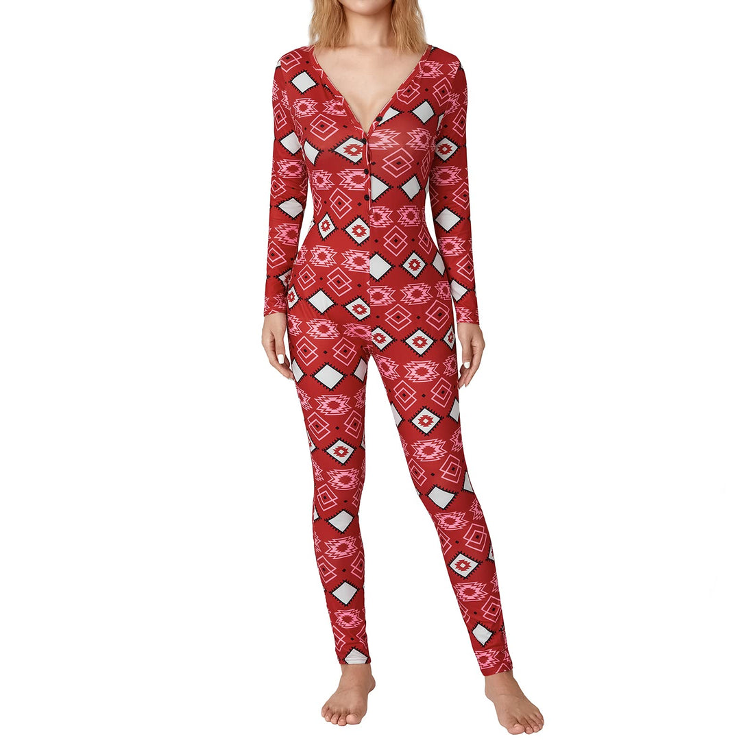 Women Christmas Long Sleeve Stripe Heart One Piece Pajamas Bodycon Jumpsuit Button Neck Sleepwear WEBE CLOTHING