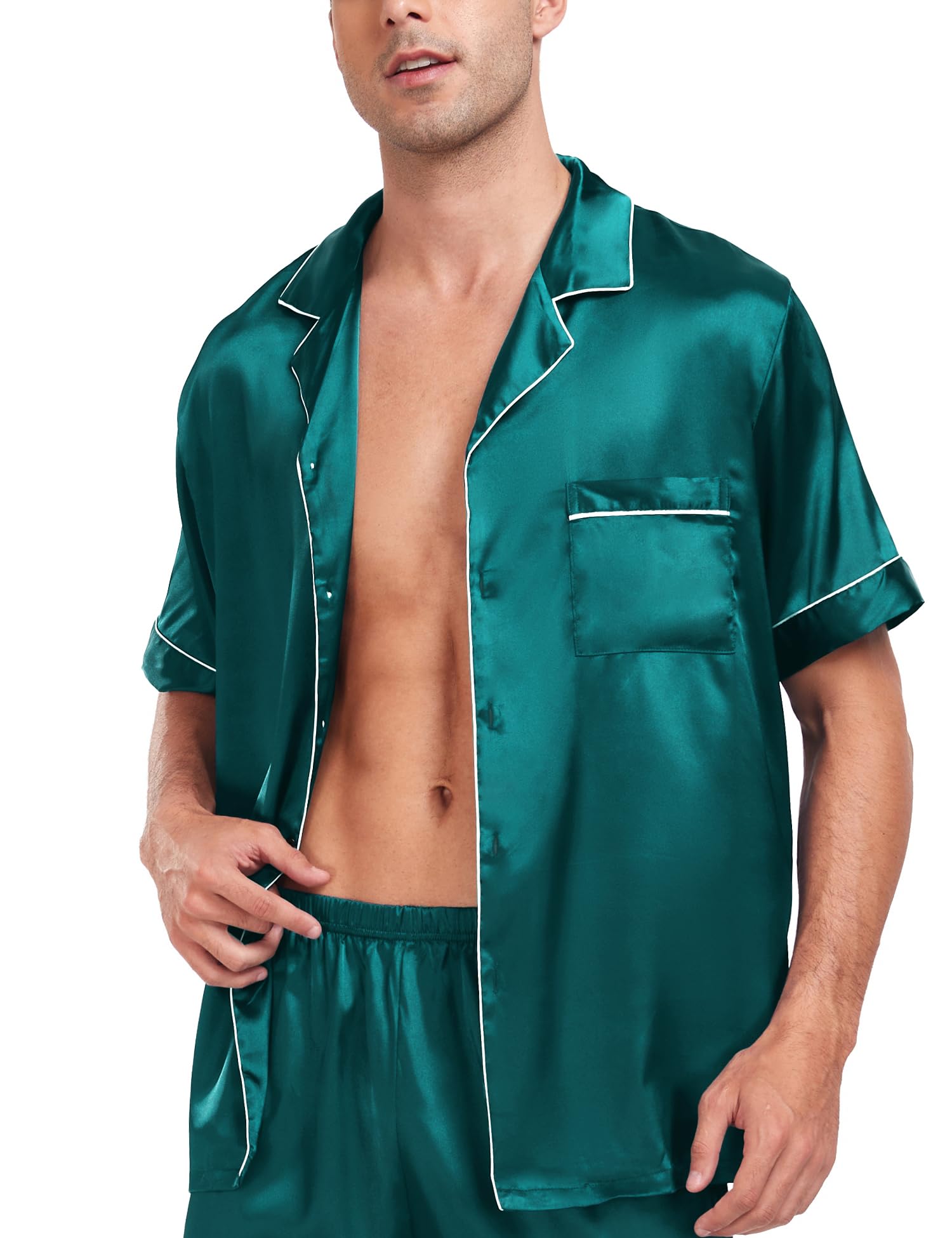 SWOMOG Couple Matching Pajamas Sets Women & Men Button Down Silk Pjs Men Short Sleeve Soft Lounge Sets 2 Pcs Loungewear