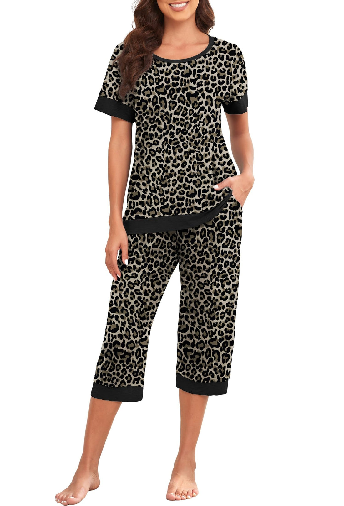 PrinStory Women's Pajama Set Short Sleeve Shirt and Capri Pants Sleepwear Pjs Sets Lounge Set WEBE CLOTHING