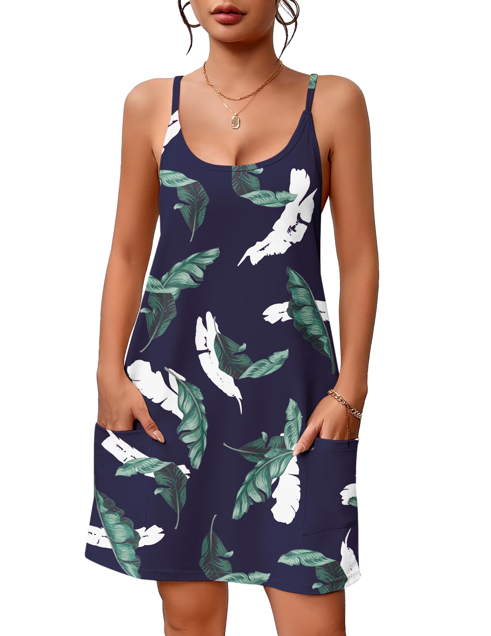 Ekouaer Nightgowns for Women Cotton Sleepwear Sexy Sleep Shirt Adjustable Spaghetti Strap Night Gowns with Pockets S-3XL WEBE CLOTHING