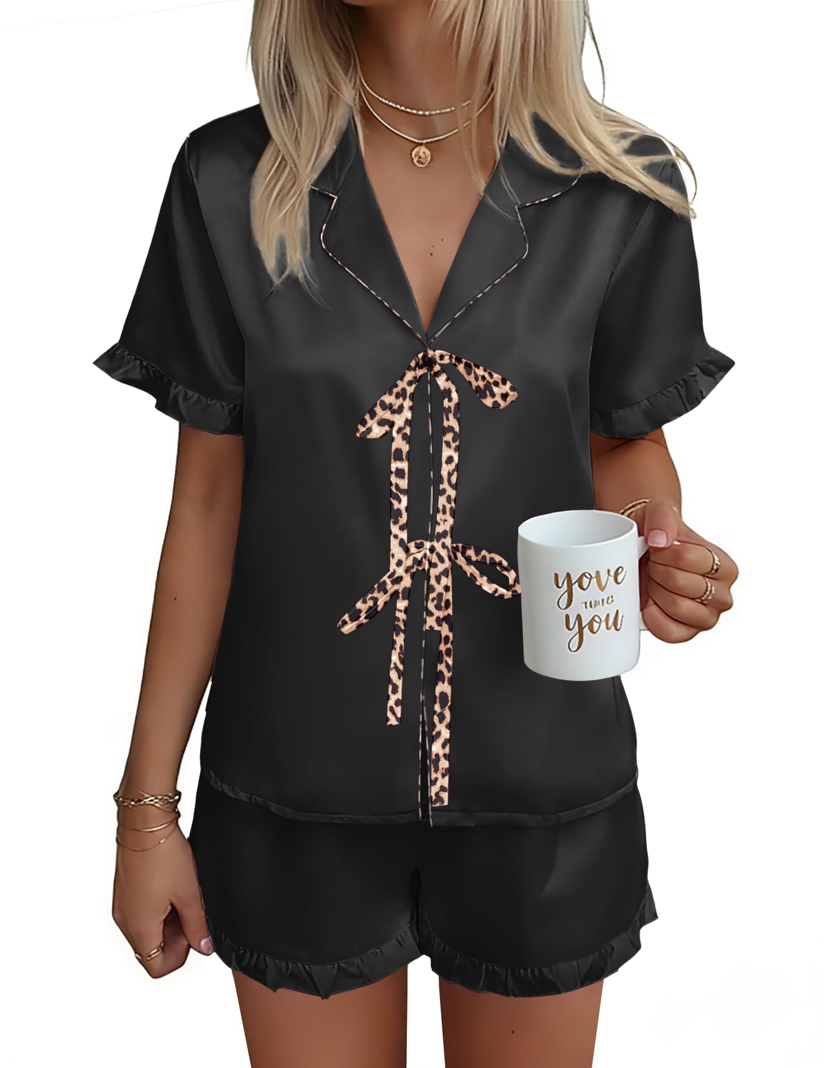 Ekouaer Satin Pajama for Women Short Sleeve Silky Pj Short Set Bow Front Tie Up Loungewear Sleepwear