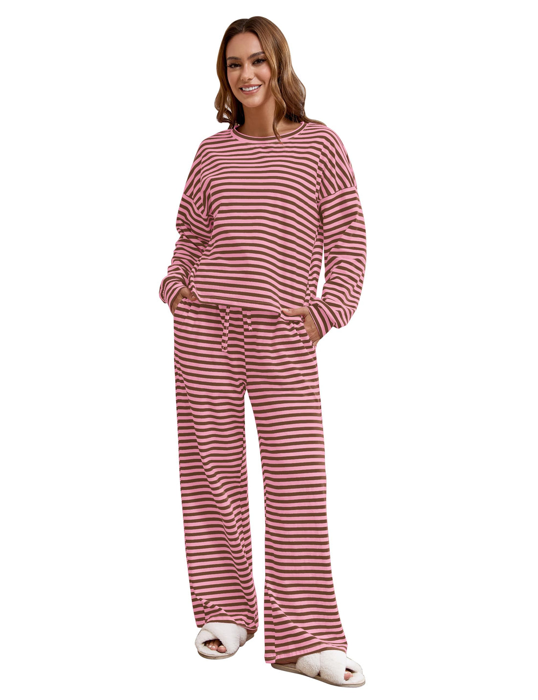MISSACTIVER Women's Striped 2 Piece Lounge Set Casual Long Sleeve T-Shirt Drawstring Wide Leg Pants Matching Pajamas Set