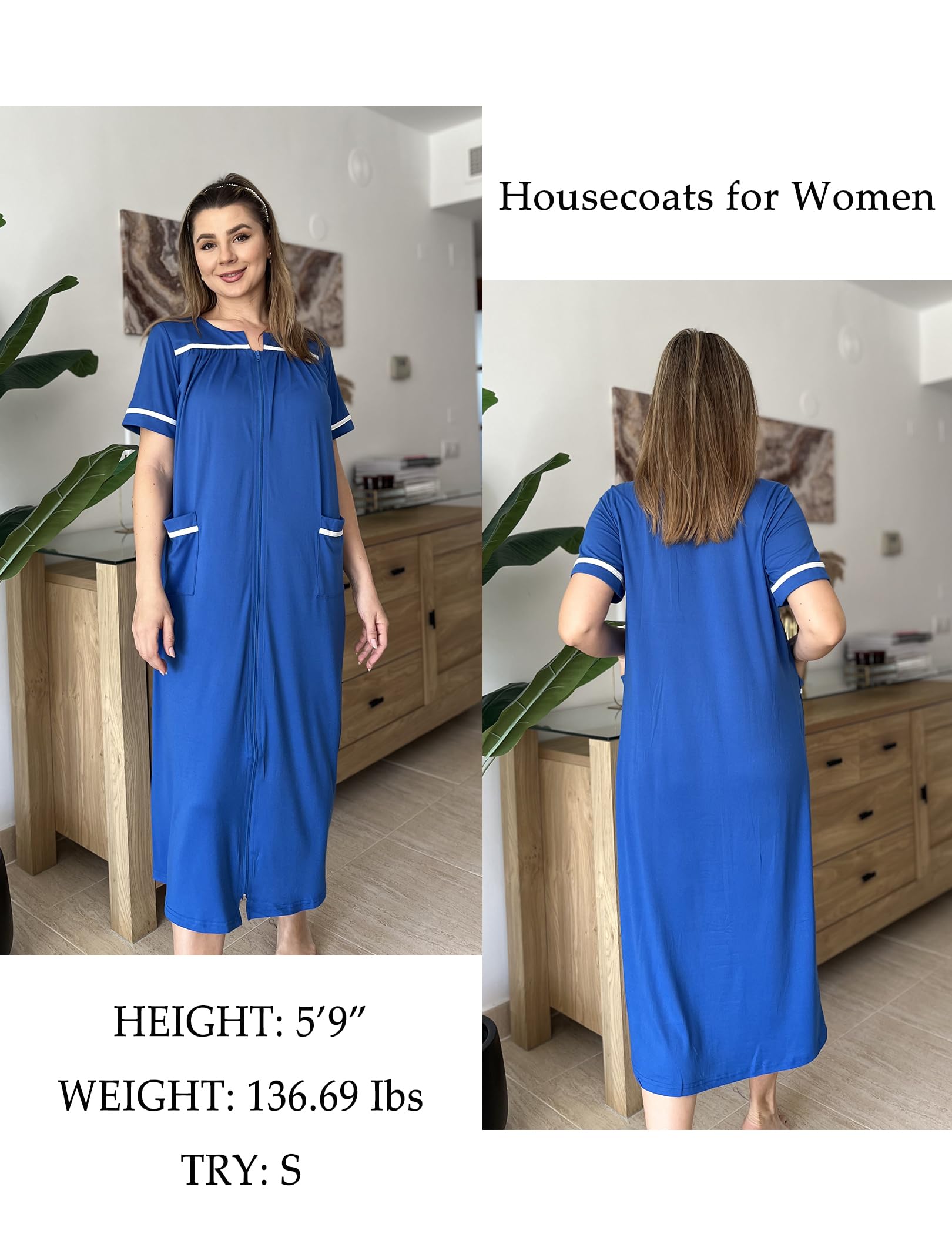 Ekouaer Zipper Robes for Women Short Sleeve Bathrobe Soft Lightweight Housecoat Full Length Nightgown with Pockets S-3XL WEBE CLOTHING