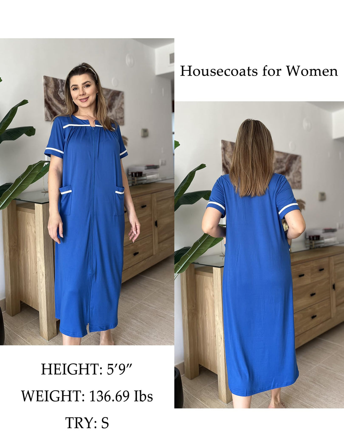 Ekouaer Zipper Robes for Women Short Sleeve Bathrobe Soft Lightweight Housecoat Full Length Nightgown with Pockets S-3XL WEBE CLOTHING