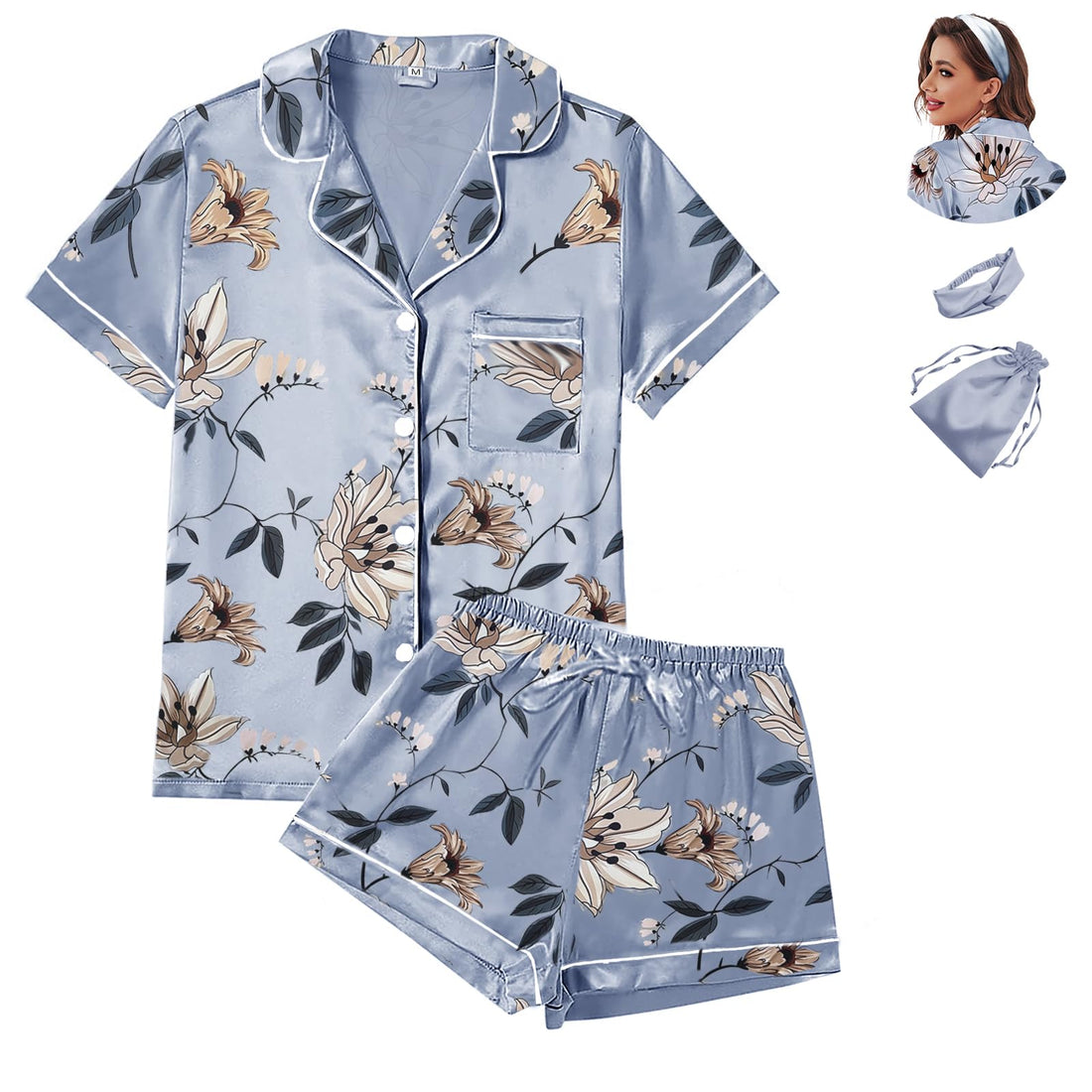 WJing Yi Jia 4Pcs Womens Satin Silky Pajama Sets Short Sleeve Shirt XS-4XL Floral Pajamas Set Soft PJ Loungewear Sleepwear