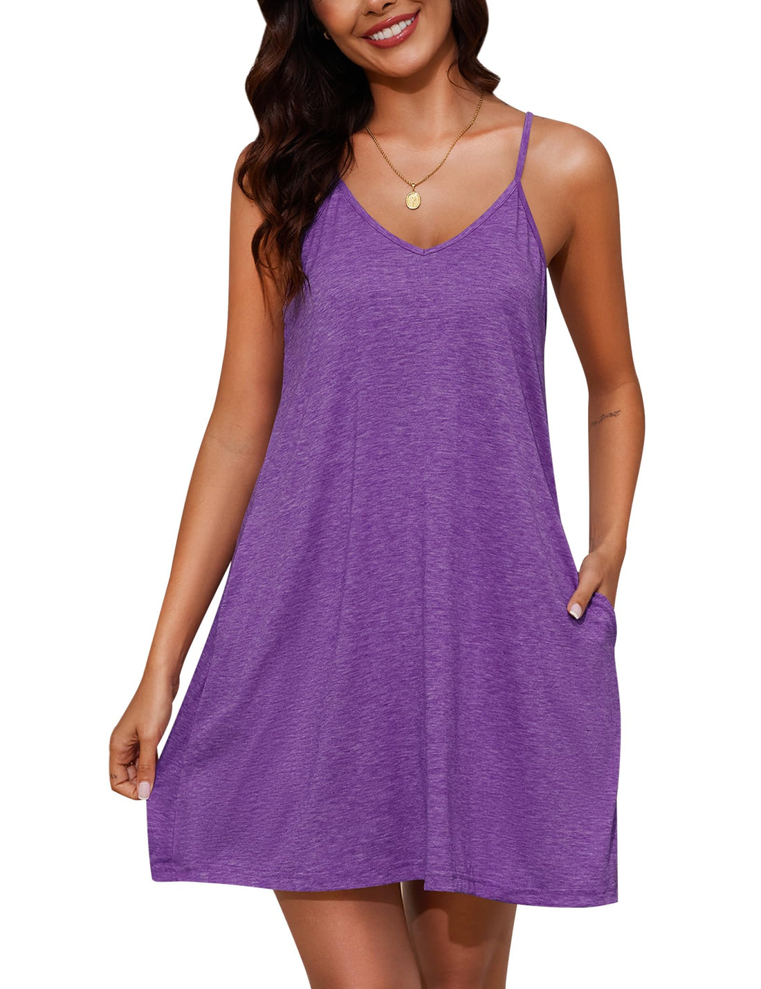 Marvmys Womens Cotton Sleeveless Nightgown Spaghetti Strap V Neck Full Slip Sleep Dress with Pockets WEBE CLOTHING