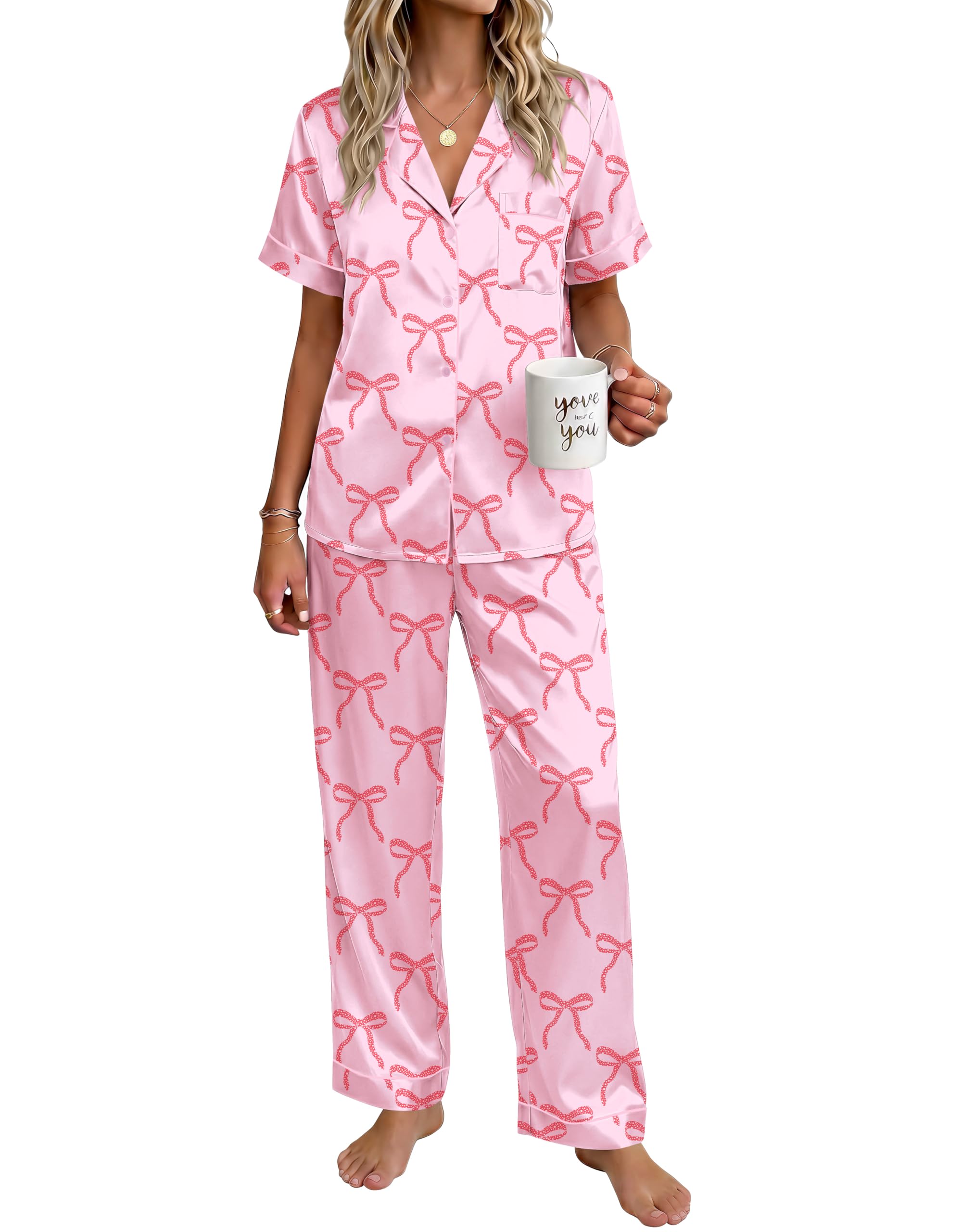 Ekouaer Womens Silky Satin Pajamas Set Short Sleeve Button Down Sleepwear 2 Piece Lounge Set Pj Set WEBE CLOTHING