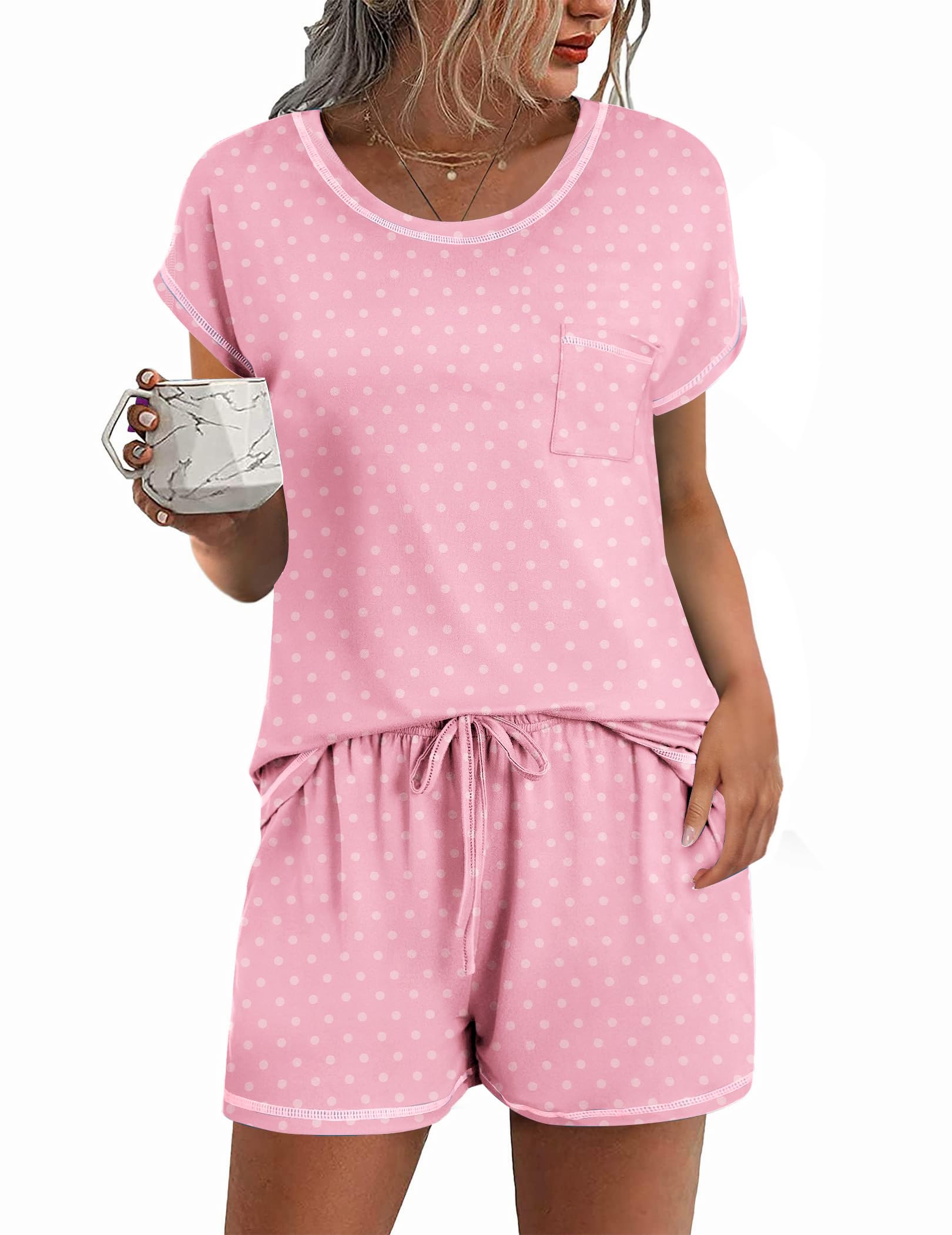 Ekouaer Womens Pajama Sets 2 Piece Soft Short Sleeve Top and Shorts Sleepwear Round Neck Pjs Lounge Set with Pockets