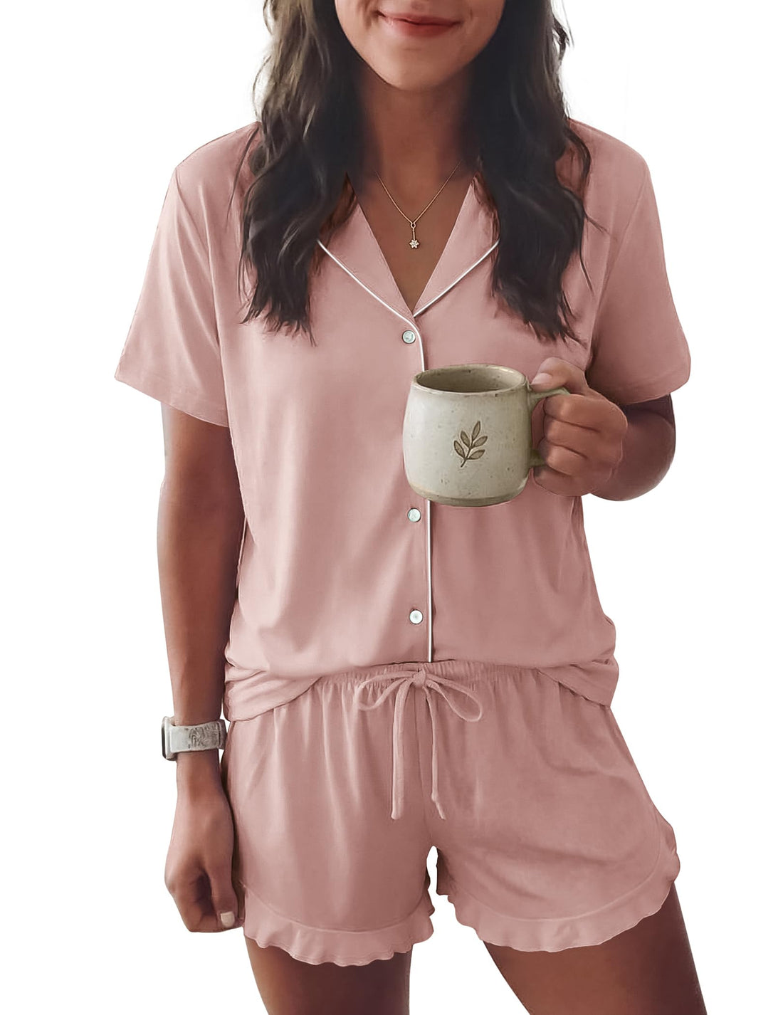 Ekouaer Womens Pajama Sets Button Down Short Sleeve Top and Shorts Cute Ruffled Pjs Sets Sleepwear