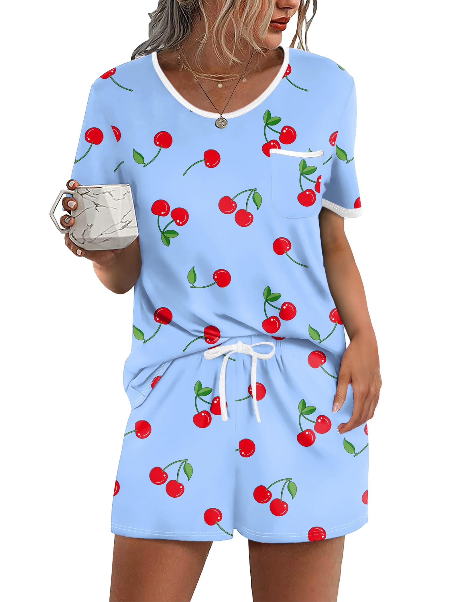 Ekouaer Pajama Set for Women 2 Piece Lounge Set Short Sleeve Tops and Shorts Soft Sleepwear, Chest Pocket