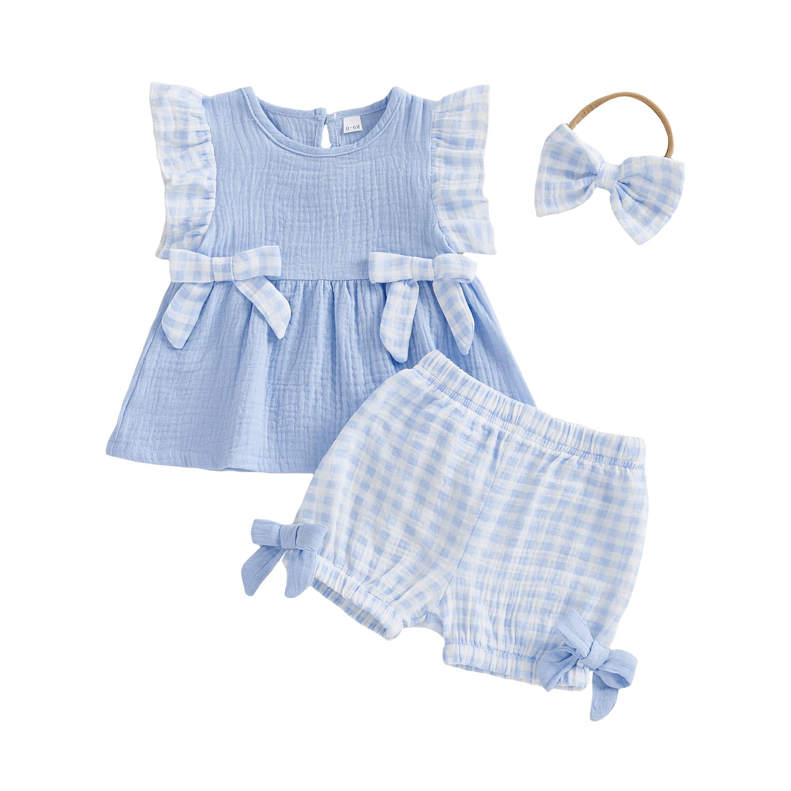 Amnnchya Toddler Girl Clothes Baby Summer Spring Outfits Cute Bow Button Smocked Ruffle Sleeve Tops ＋ Girls Shorts Set WEBE CLOTHING