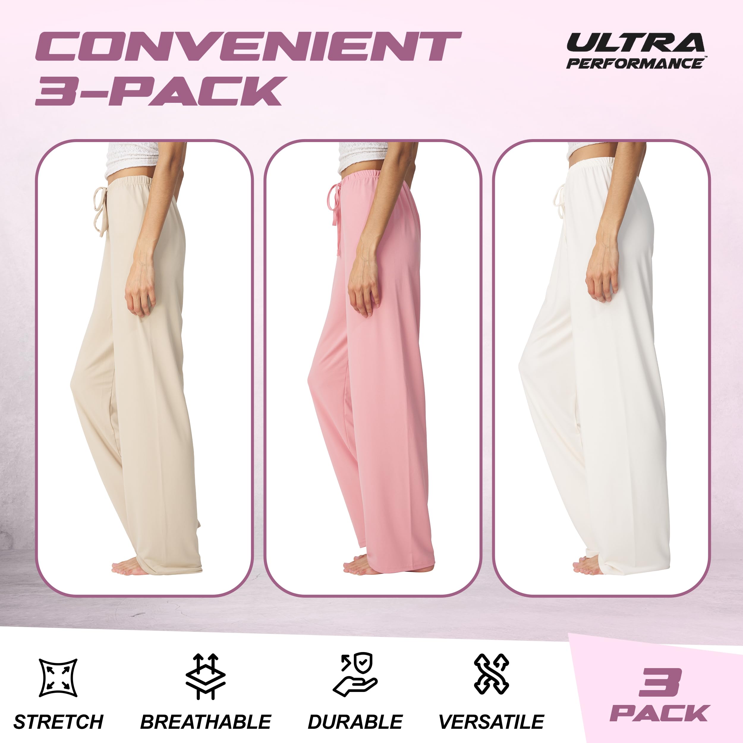 Ultra Performance Womens Pajama PJ Pants 3 Pack Lounge Bottoms Pajamas for Women (Avail in Plus Sizes)