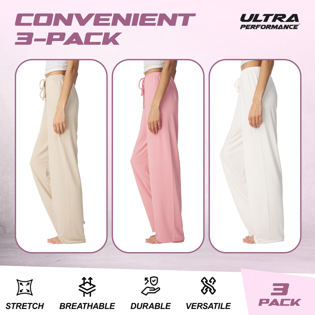 Ultra Performance Womens Pajama PJ Pants 3 Pack Lounge Bottoms Pajamas for Women (Avail in Plus Sizes)