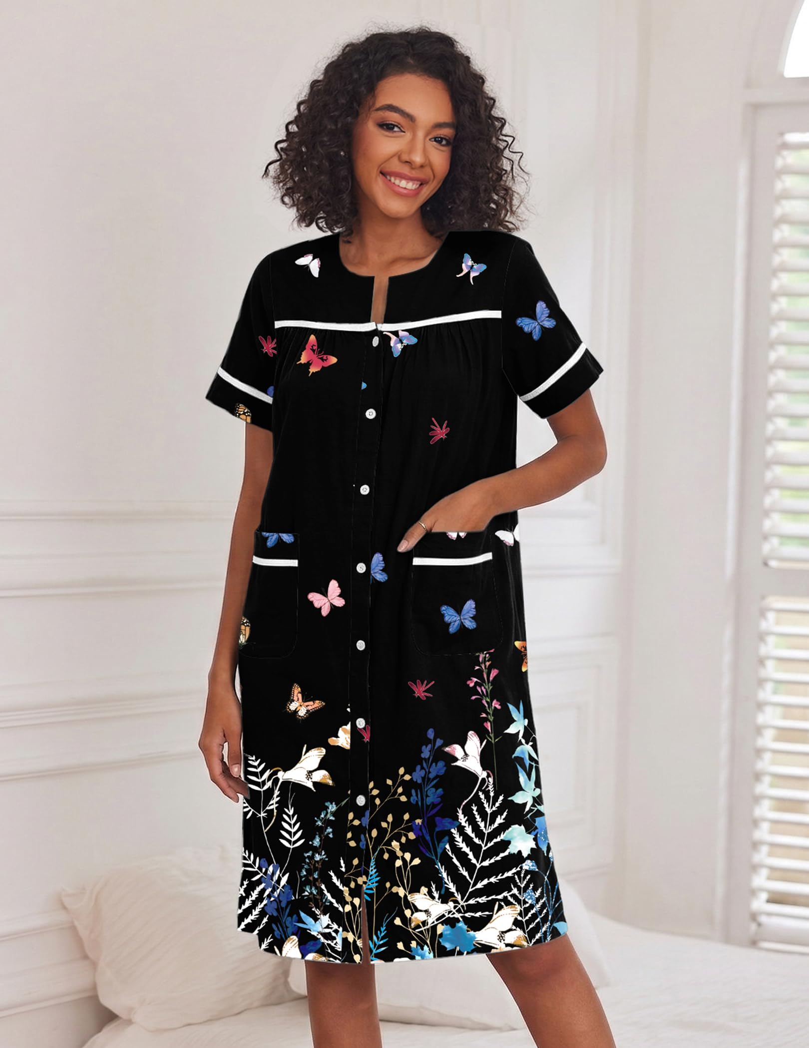Ekouaer House Dress for Women with Pockets Duster Button Down Nightgown | Nightgowns for Women, Button Dwon House Dress with Pockets, Short Sleeve Duster Housecoat, Moo Moos for Elderly, Mumu Dress WEBE CLOTHING