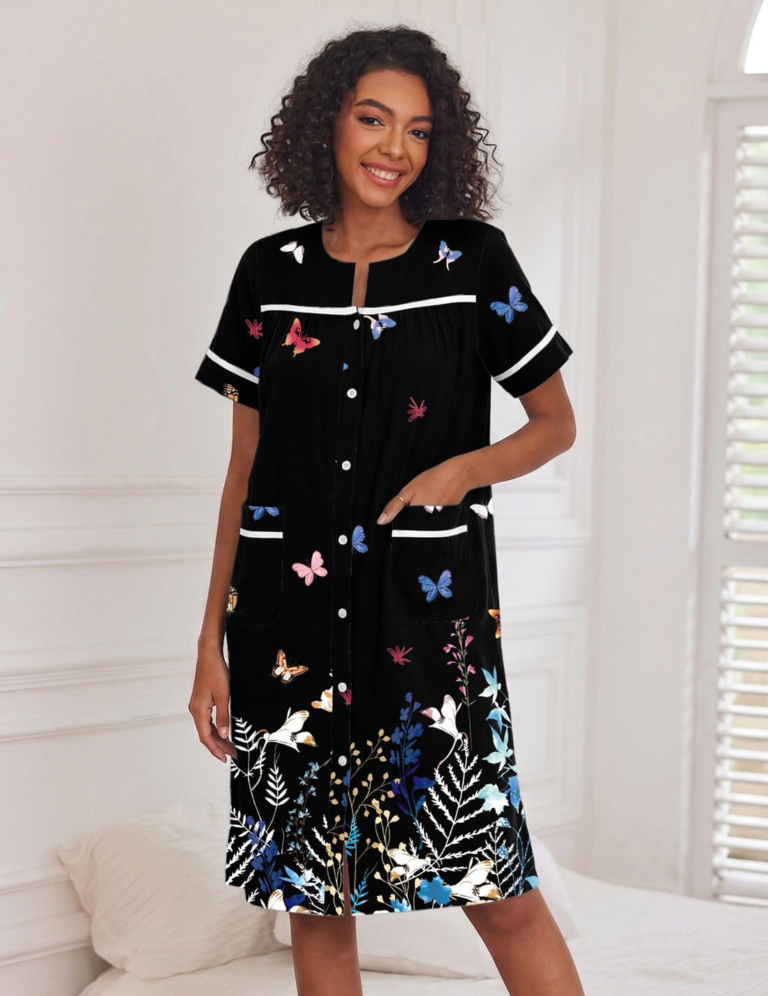 Ekouaer House Dress for Women with Pockets Duster Button Down Nightgown | Nightgowns for Women, Button Dwon House Dress with Pockets, Short Sleeve Duster Housecoat, Moo Moos for Elderly, Mumu Dress WEBE CLOTHING