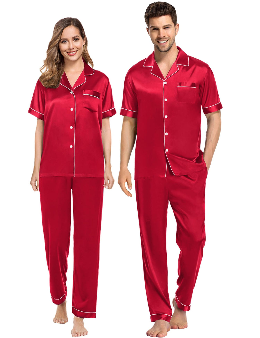 SWOMOG Couples Pajamas Sets Women & Men Satin Short Sleeve Sleepwear Button Down Loungewear Pjs Set with Long Pants