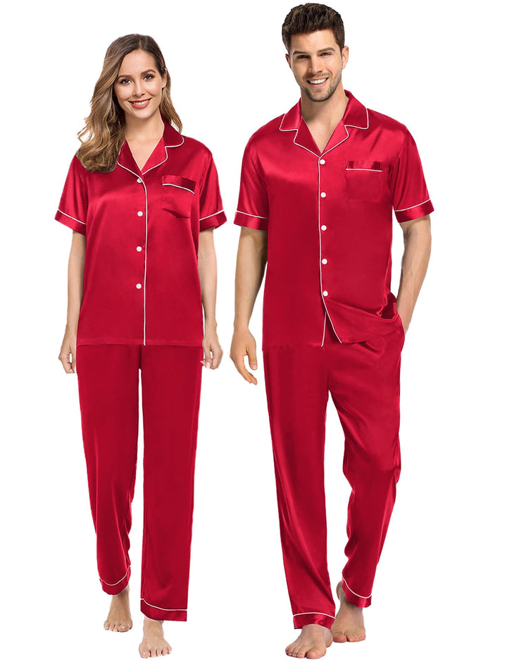 SWOMOG Couples Pajamas Sets Women & Men Satin Short Sleeve Sleepwear Button Down Loungewear Pjs Set with Long Pants