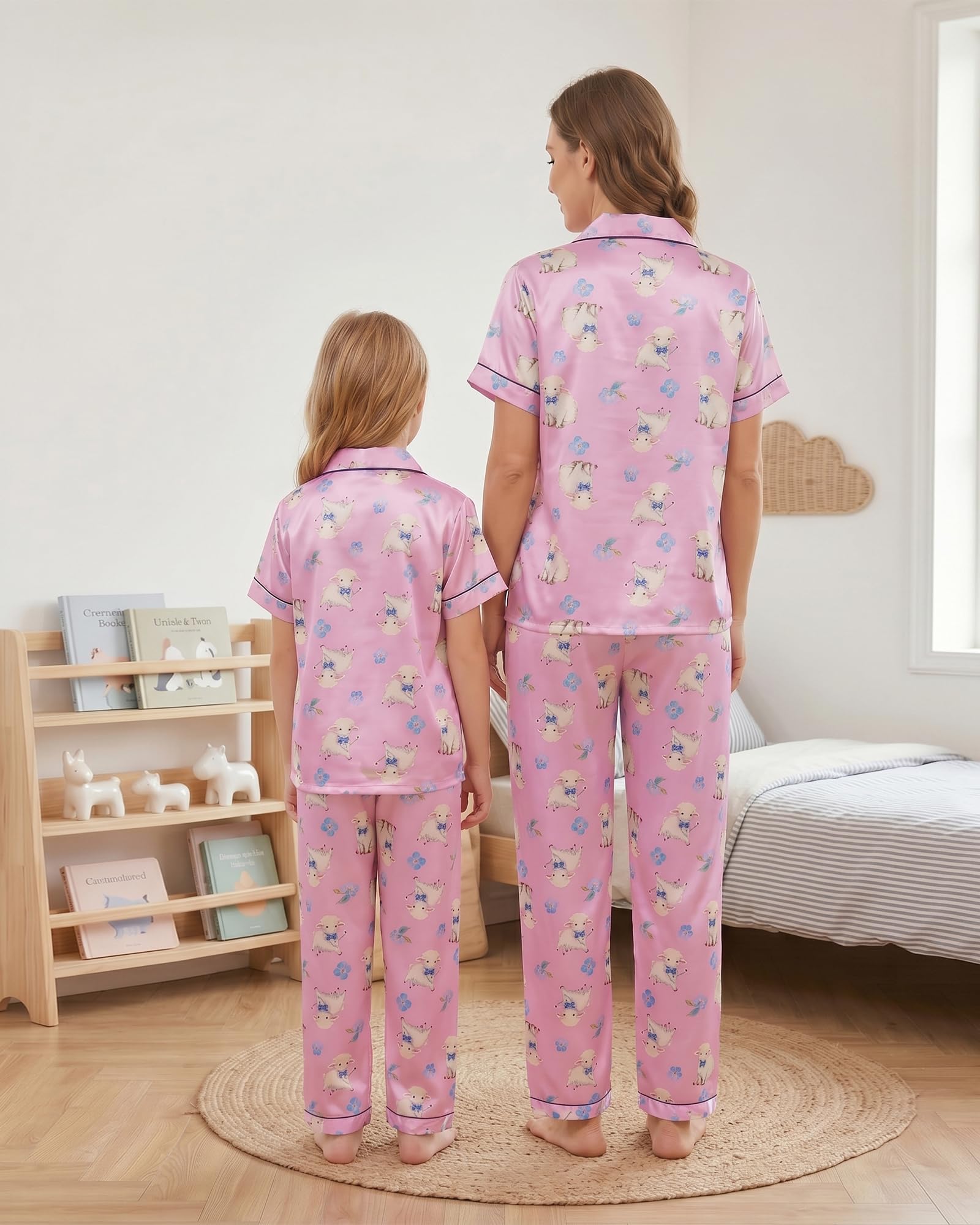 Mommy and Me Pajamas Mother Daughter Family Matching Sleepwear Button Down Silky Satin Nightwear