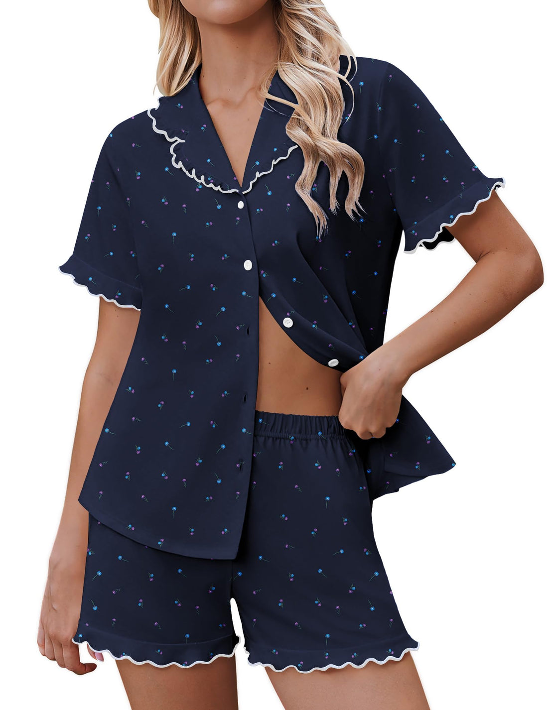 Ekouaer Pajamas for Women Sets Cute Pjs Button Down 2 Piece Short Sleeve Ruffle Lounge Set Sleepwear WEBE CLOTHING