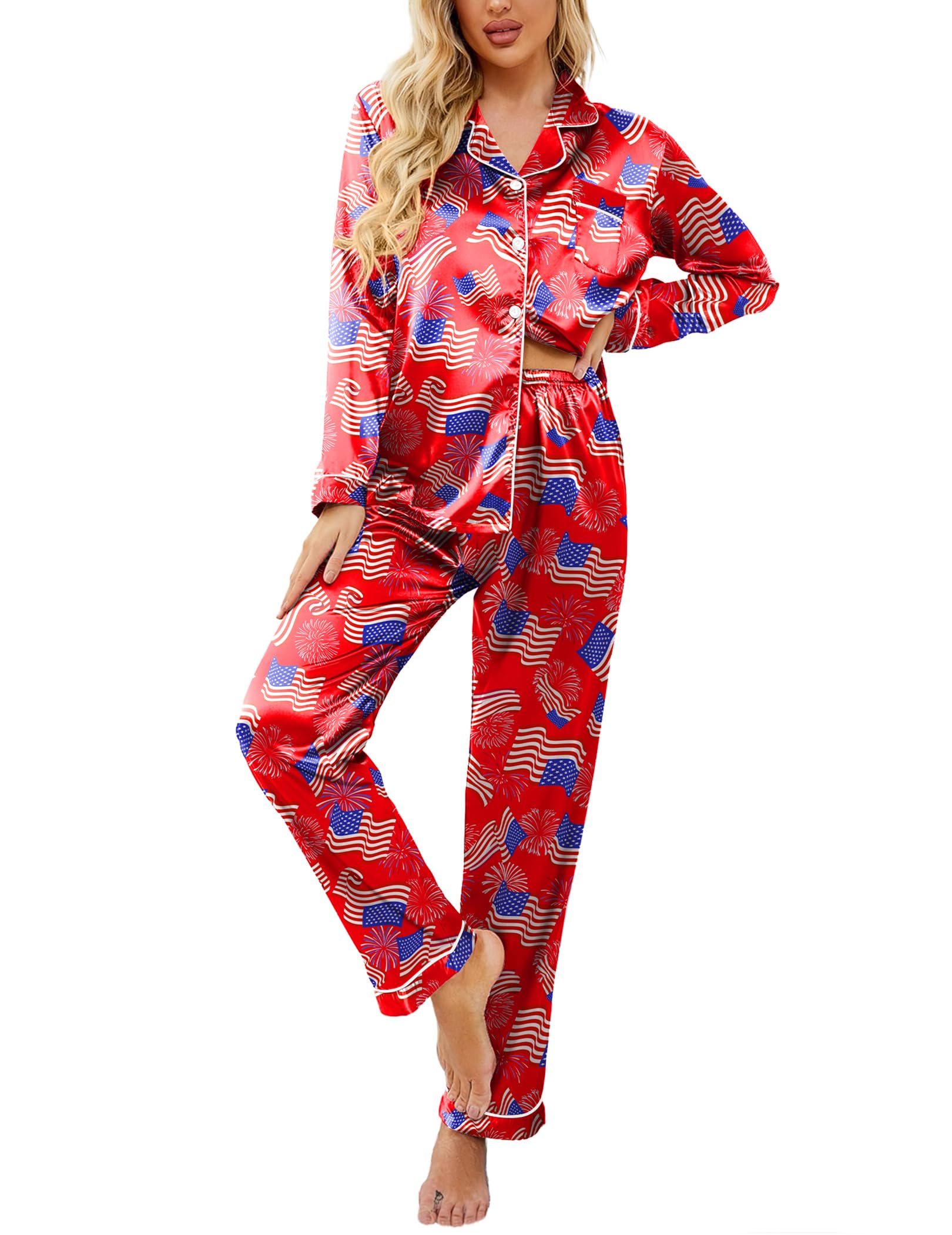 Ekouaer Womens Satin Silky Pajama Set Classic Pattern Button Down Pjs Set | Soft Fabric, Long Sleeve Notch Collar with Contrast Piping, Chest Pocket, Gifting Sleepwear WEBE CLOTHING