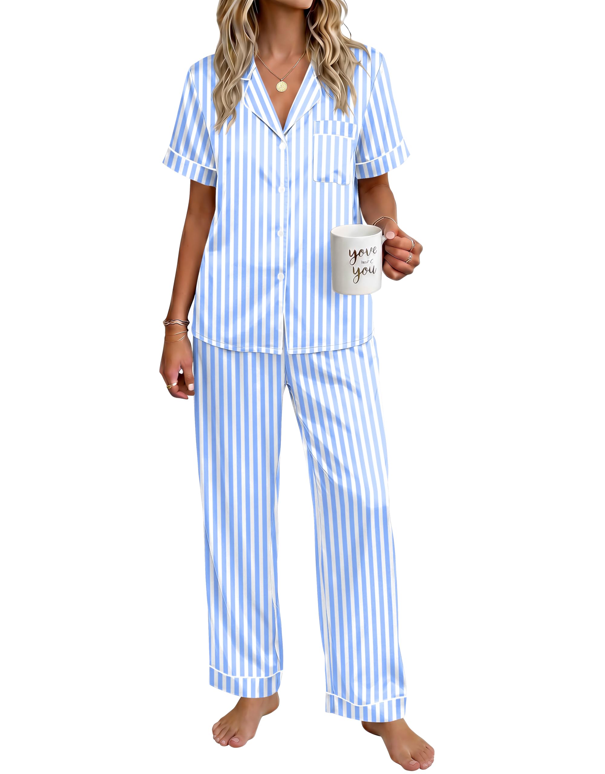 Ekouaer Womens Silky Satin Pajamas Set Short Sleeve Button Down Sleepwear 2 Piece Lounge Set Pj Set WEBE CLOTHING